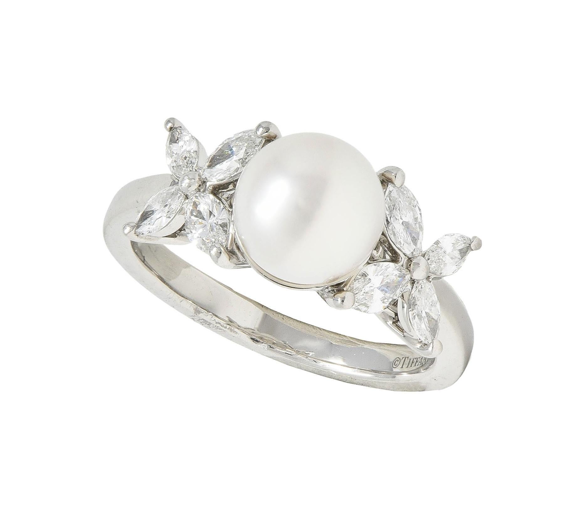 Tiffany & Co. Contemporary Akoya Pearl Diamond Platinum Victoria Cluster Ring 7