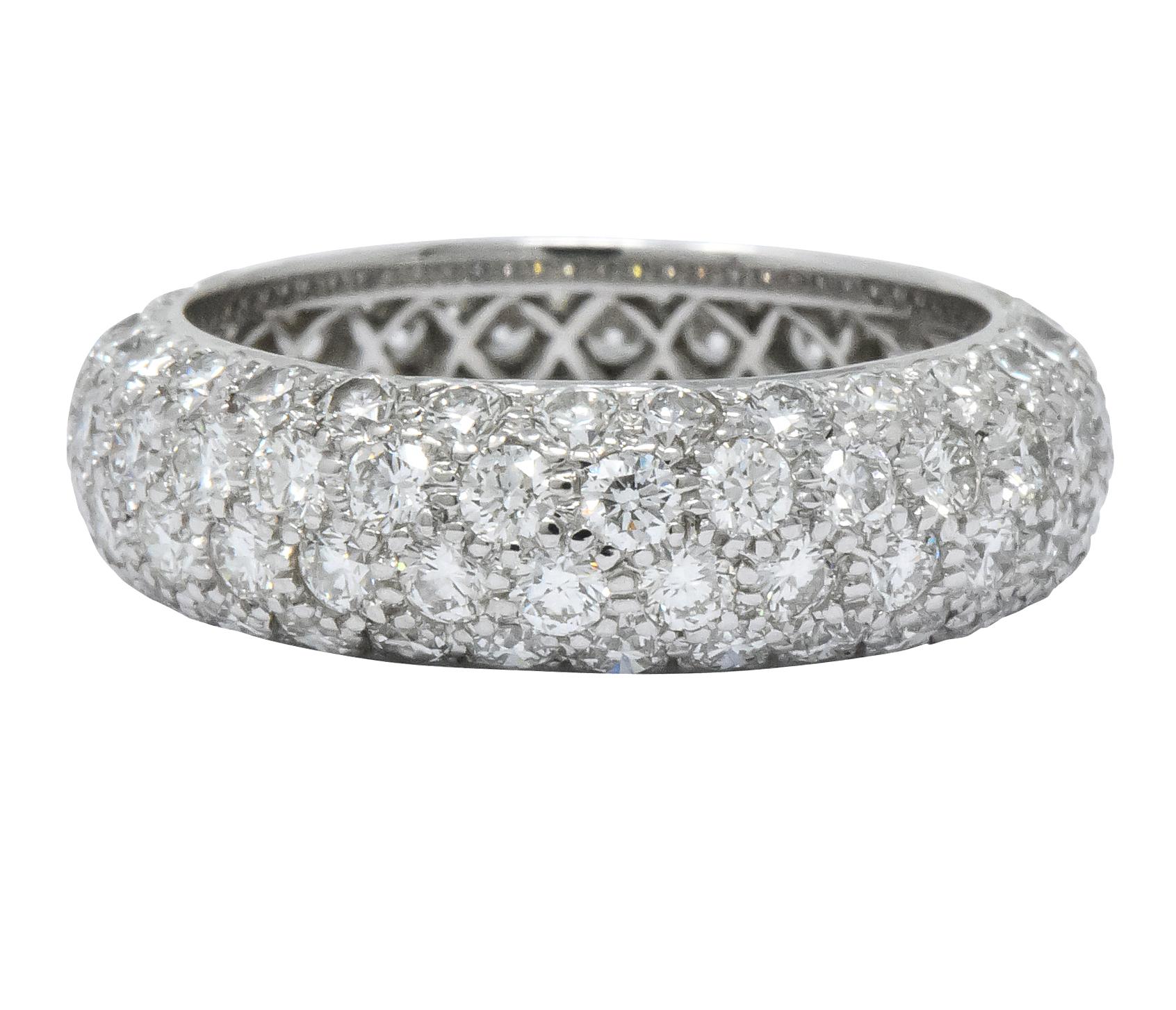 Domed band with pavé set round brilliant cut diamonds

Total diamond weight approximately 3.00 carats, G/H color and VS clarity

Fully signed Tiffany & Co. and stamped Pt 950 for platinum

Ring Size: 5 1/2 & Not Sizable

Top measures 6.0 mm and sits
