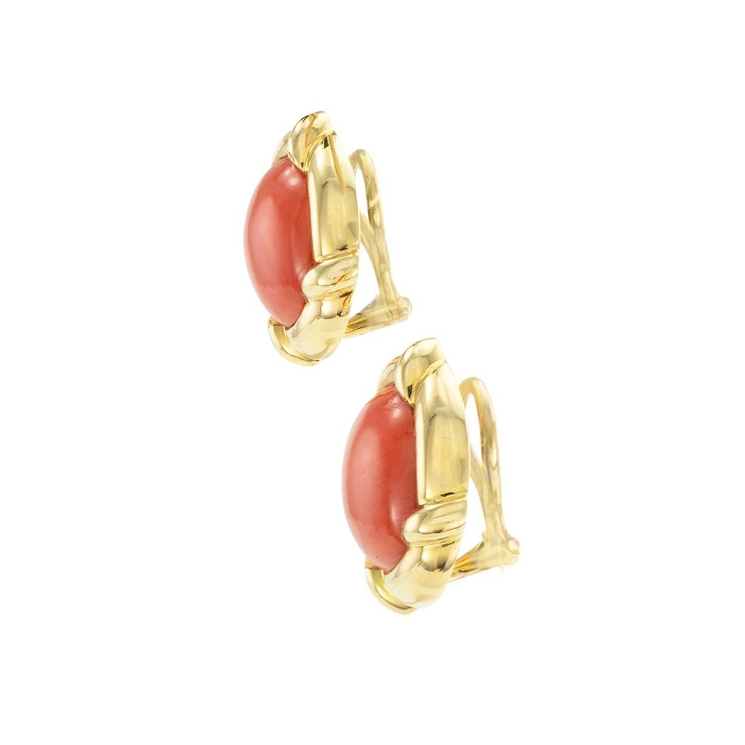 Tiffany & Co coral and yellow gold estate clip-on earrings circa 1980. *

ABOUT THIS ITEM:  #E-DJ21E. Scroll down for detailed specifications. These Tiffany & Co button-style earrings feature beautiful coral displaying a rich and uniform salmon