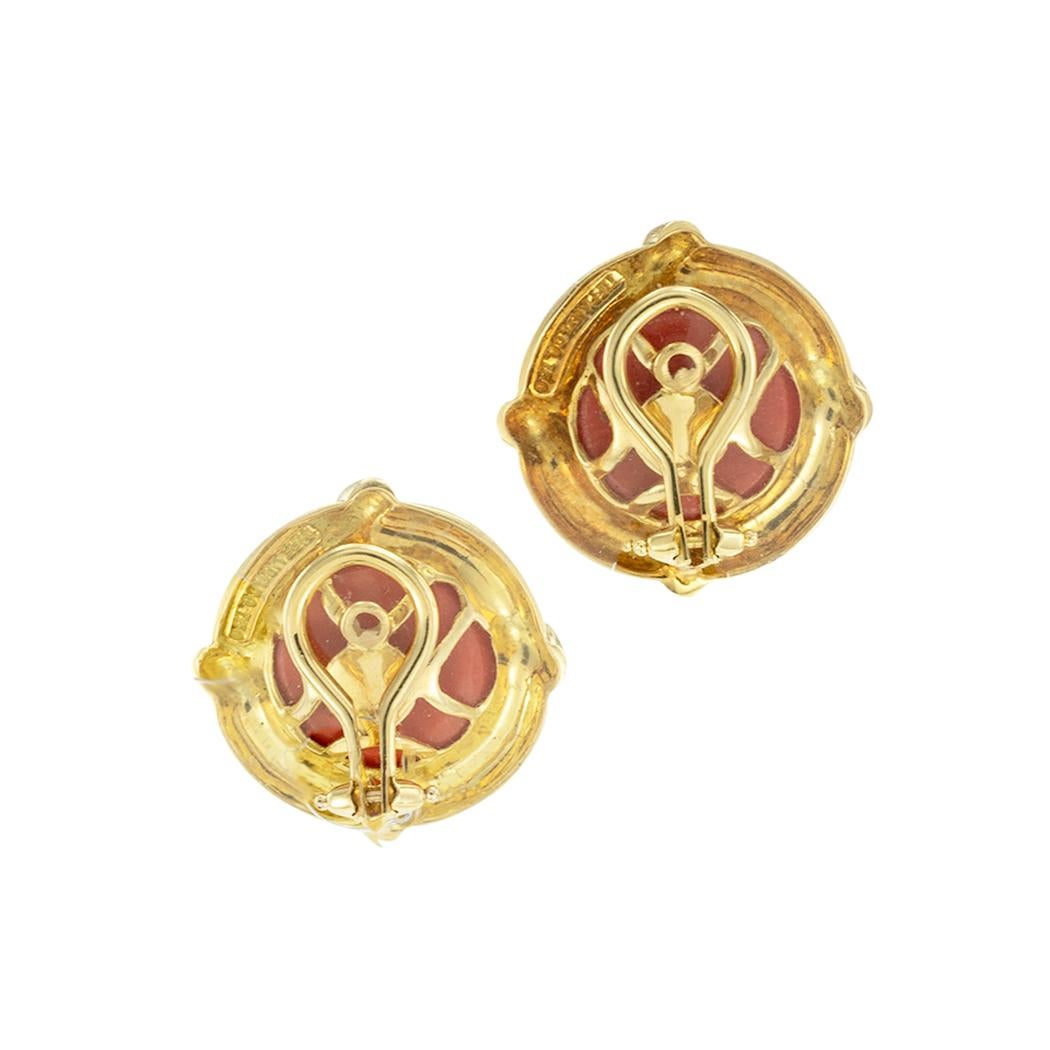 Cabochon Tiffany & Co Coral Yellow Gold Button Style Clip On Earrings