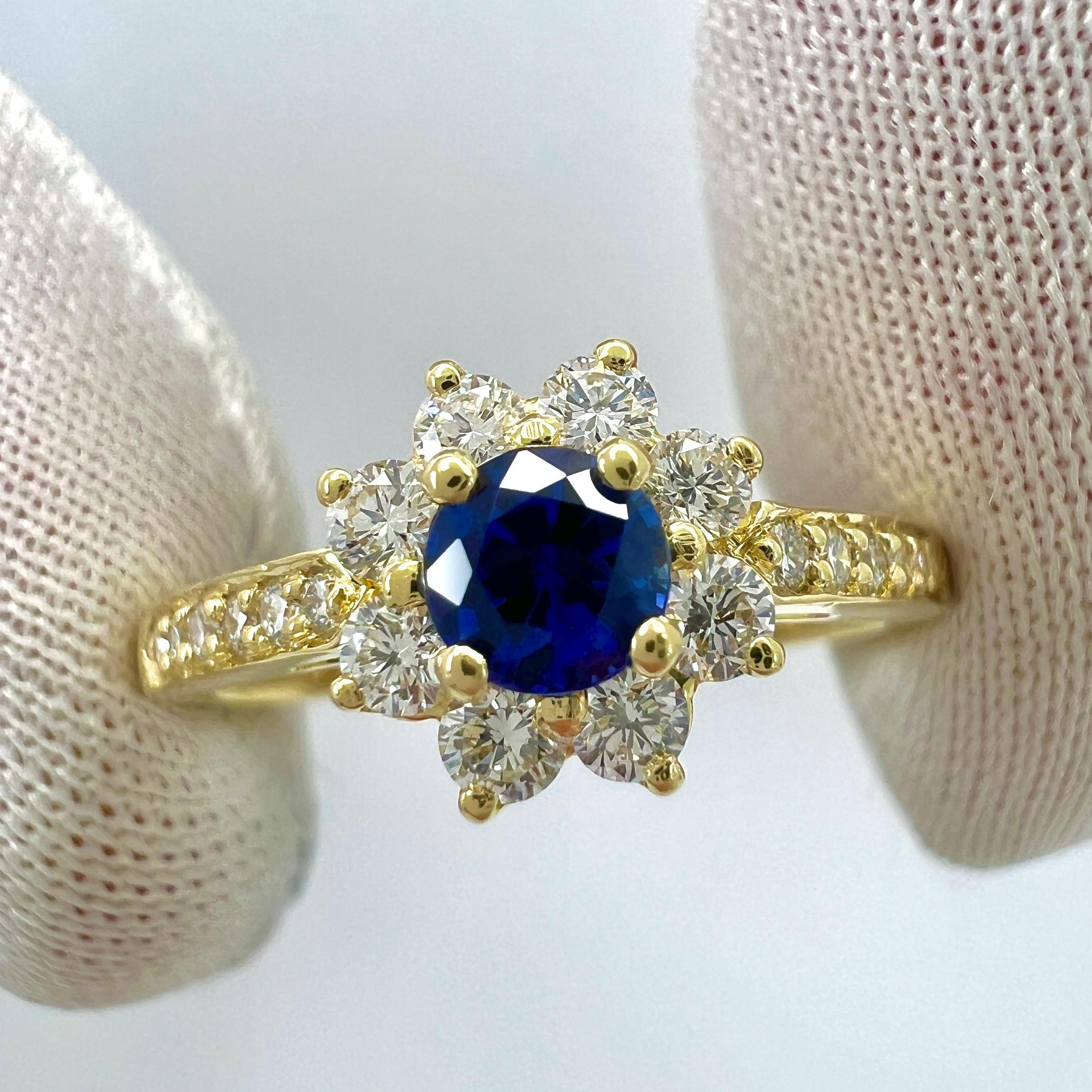 Tiffany & Co. Kornblumenblauer runder Saphir Diamant Blume 18k Gelbgold Ring Damen im Angebot