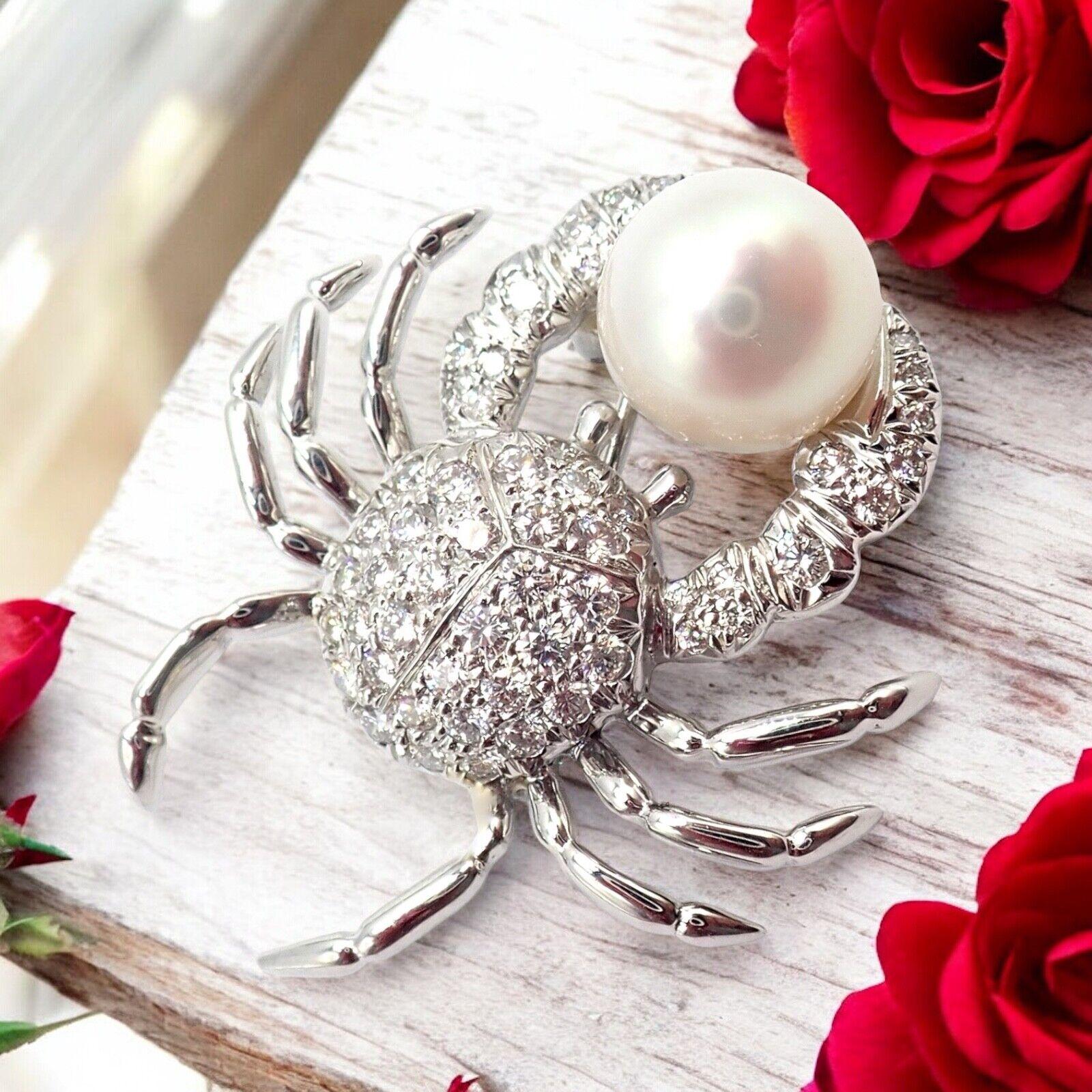 Brilliant Cut Tiffany & Co. Crab Diamond Pearl Platinum Pin Brooch For Sale