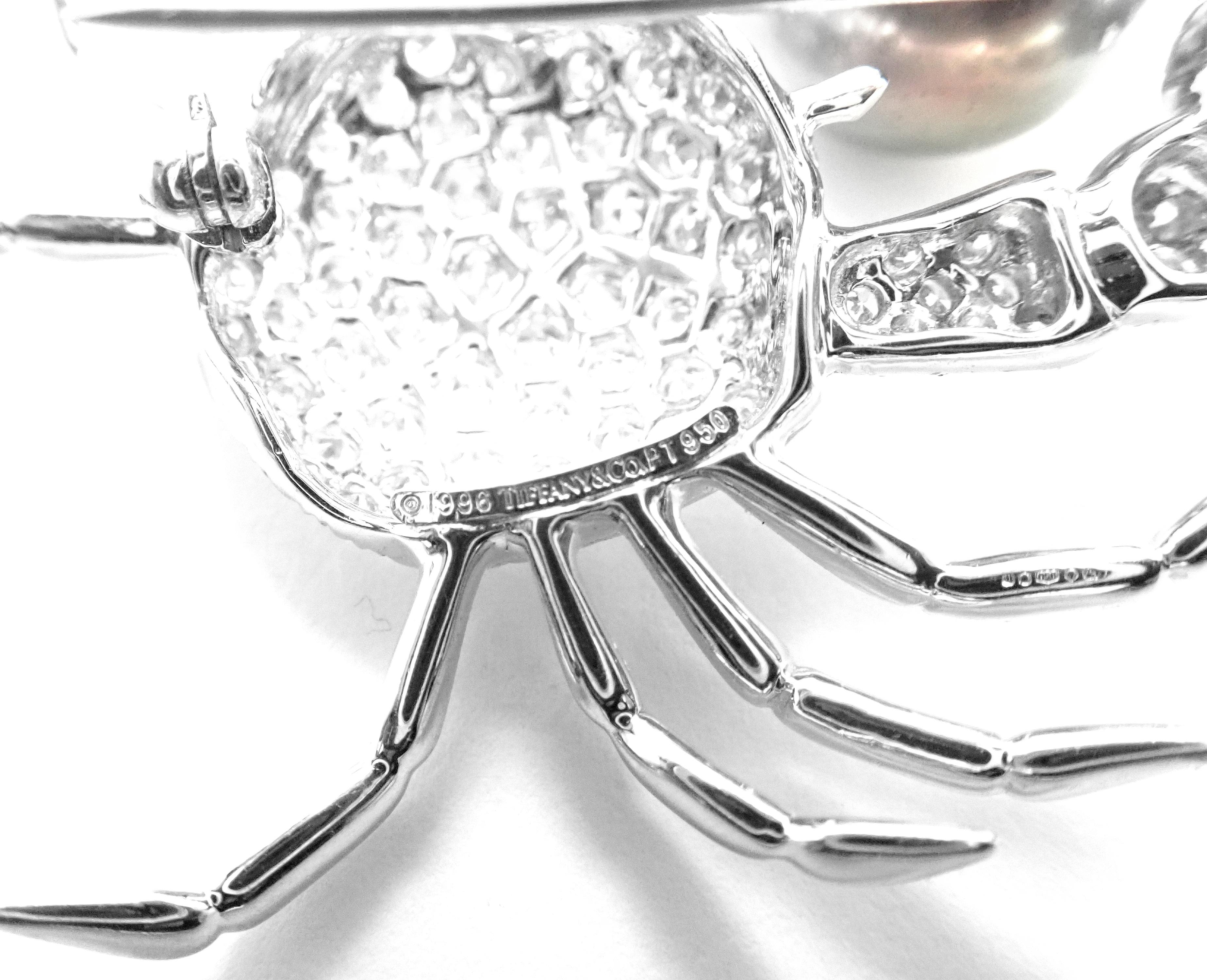 Brilliant Cut Tiffany & Co. Crab Tahitian Pearl 2.70 Carat Diamond Platinum Pin Brooch For Sale