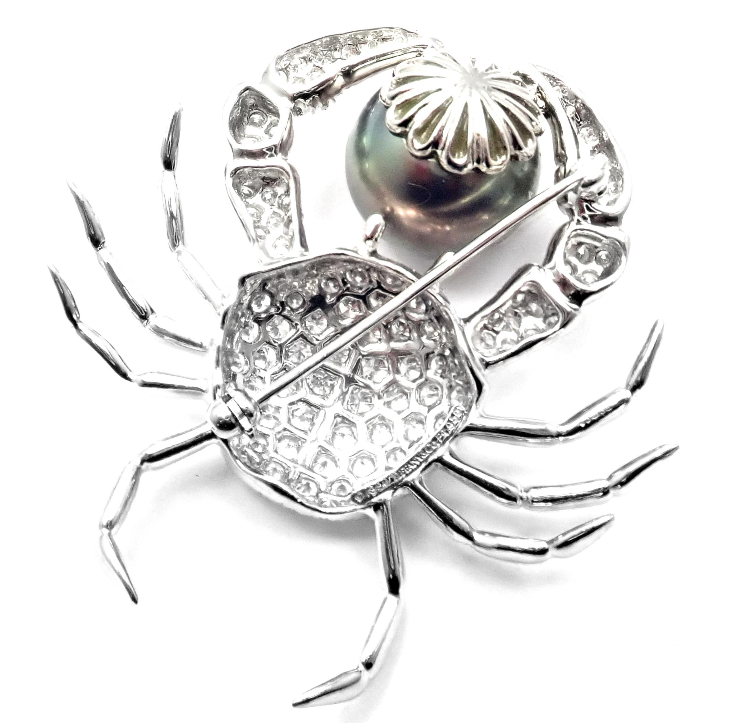 Women's or Men's Tiffany & Co. Crab Tahitian Pearl 2.70 Carat Diamond Platinum Pin Brooch For Sale