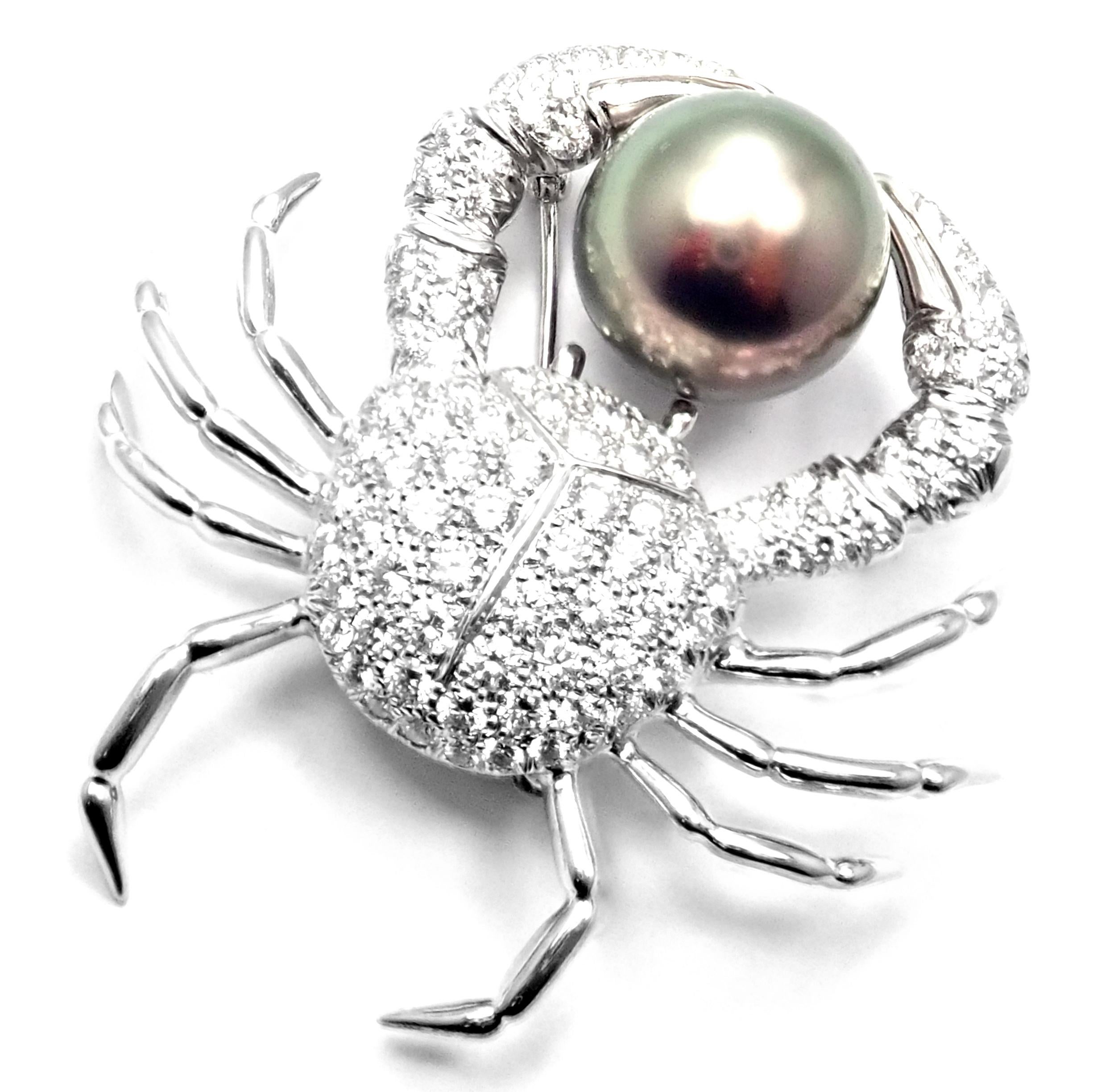 Tiffany & Co. Crab Tahitian Pearl 2.70 Carat Diamond Platinum Pin Brooch For Sale 1