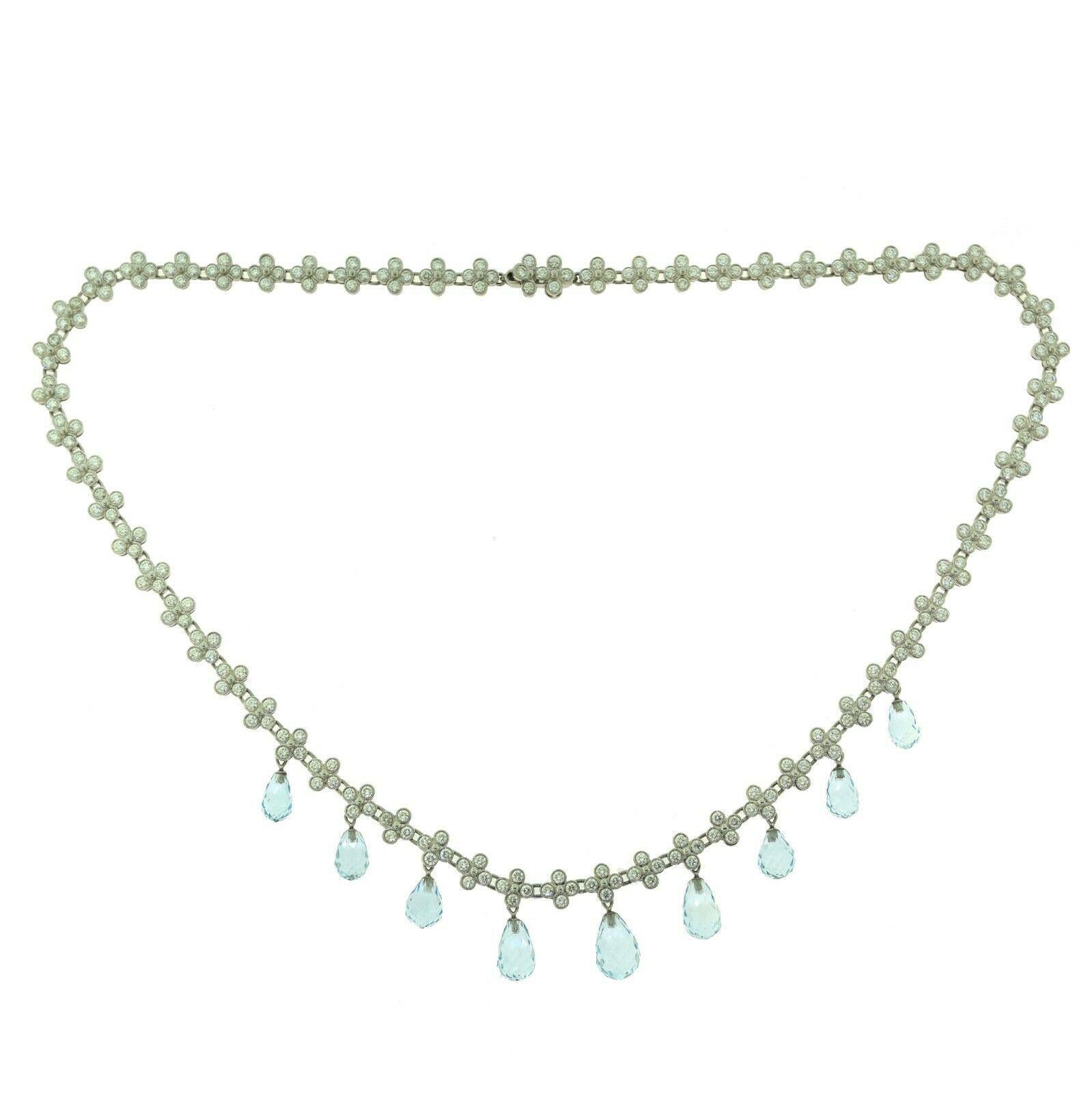 Designer: Tiffany & Co.
Collection: Crochet Lace
Style: Necklace
Metal: Platinum
Metal Purity: 950
Stones: Briolette Shaped Aquamarine, Round Brilliant Cut Diamonds
Aquamarine Carat Weight: 10.90 ct
Diamond Carat Weight:  approx. 5.0 ct
Diamond