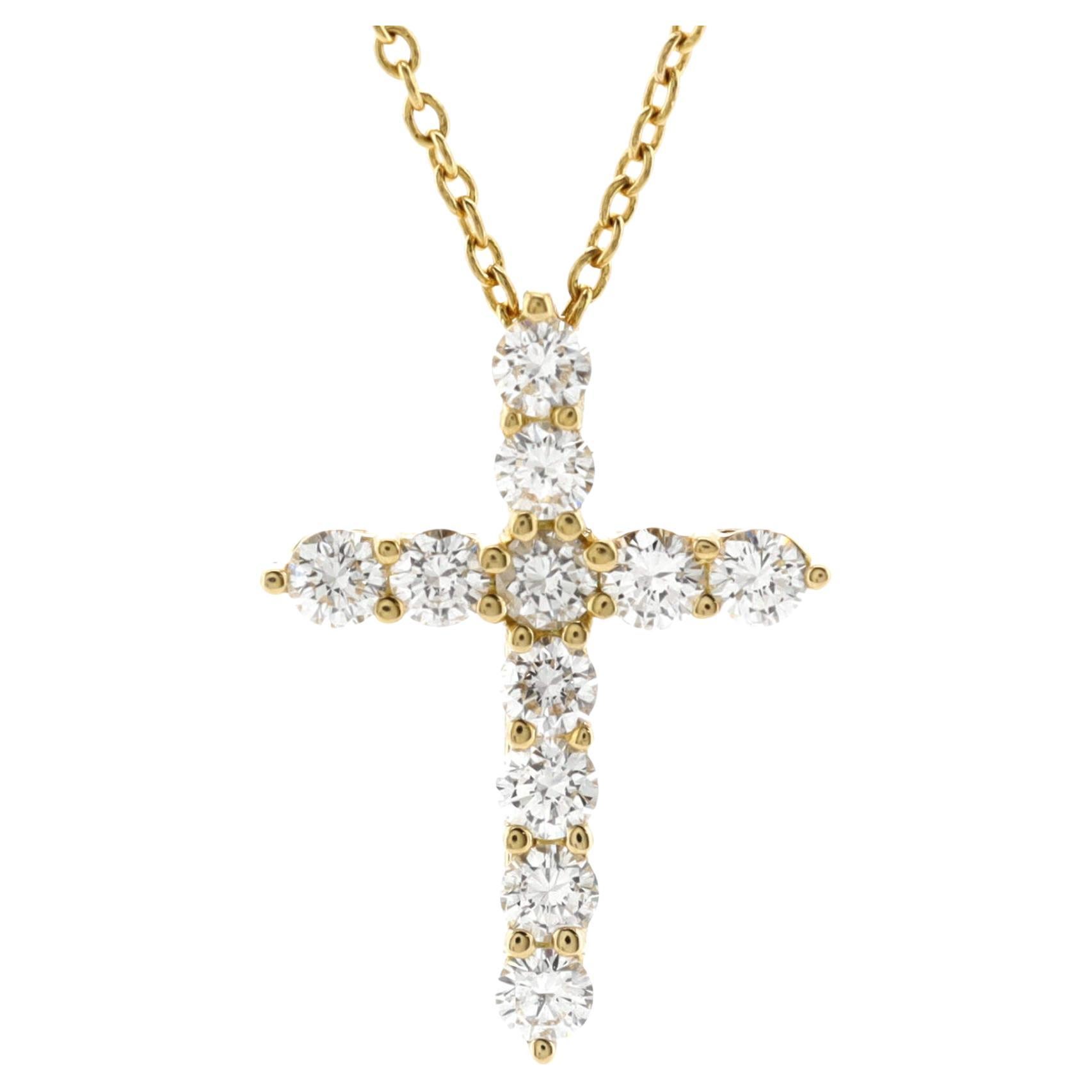 Tiffany & Co. Cross Pendant Necklace 18K Yellow Gold with Diamonds Small