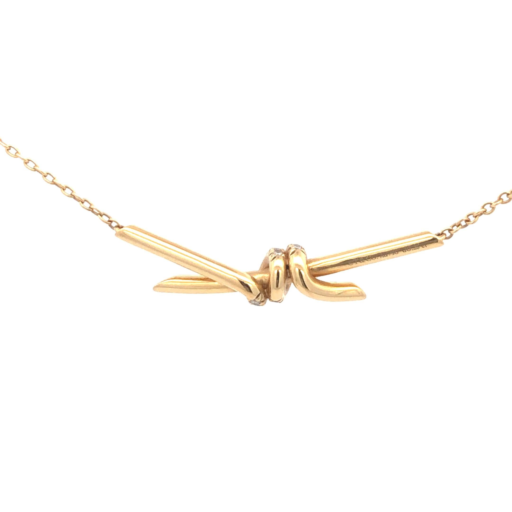 Round Cut Tiffany & Co. Crossbars Diamond Pendant Necklace 18K Yellow Gold For Sale