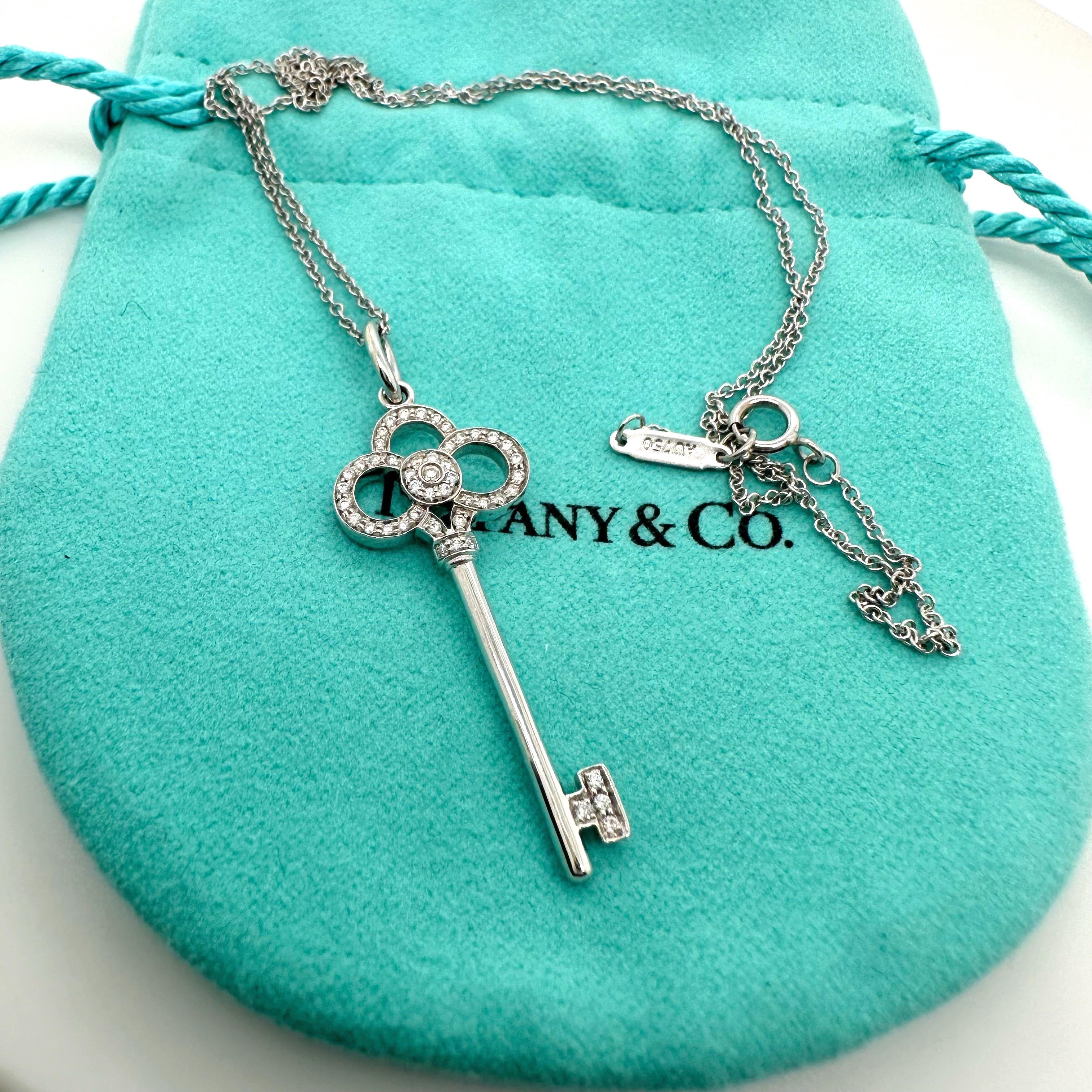 Tiffany & Co. Crown Key Diamond Pendant Necklace 18kt White Gold In Excellent Condition For Sale In San Diego, CA