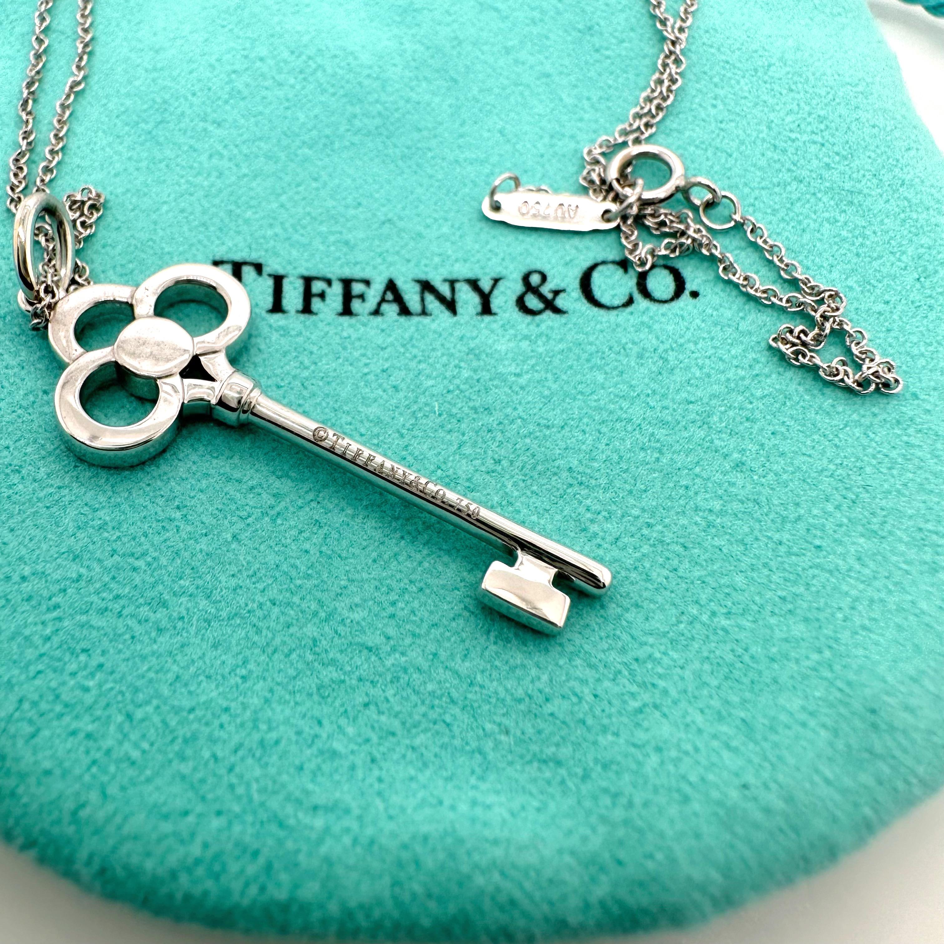 Women's or Men's Tiffany & Co. Crown Key Diamond Pendant Necklace 18kt White Gold For Sale
