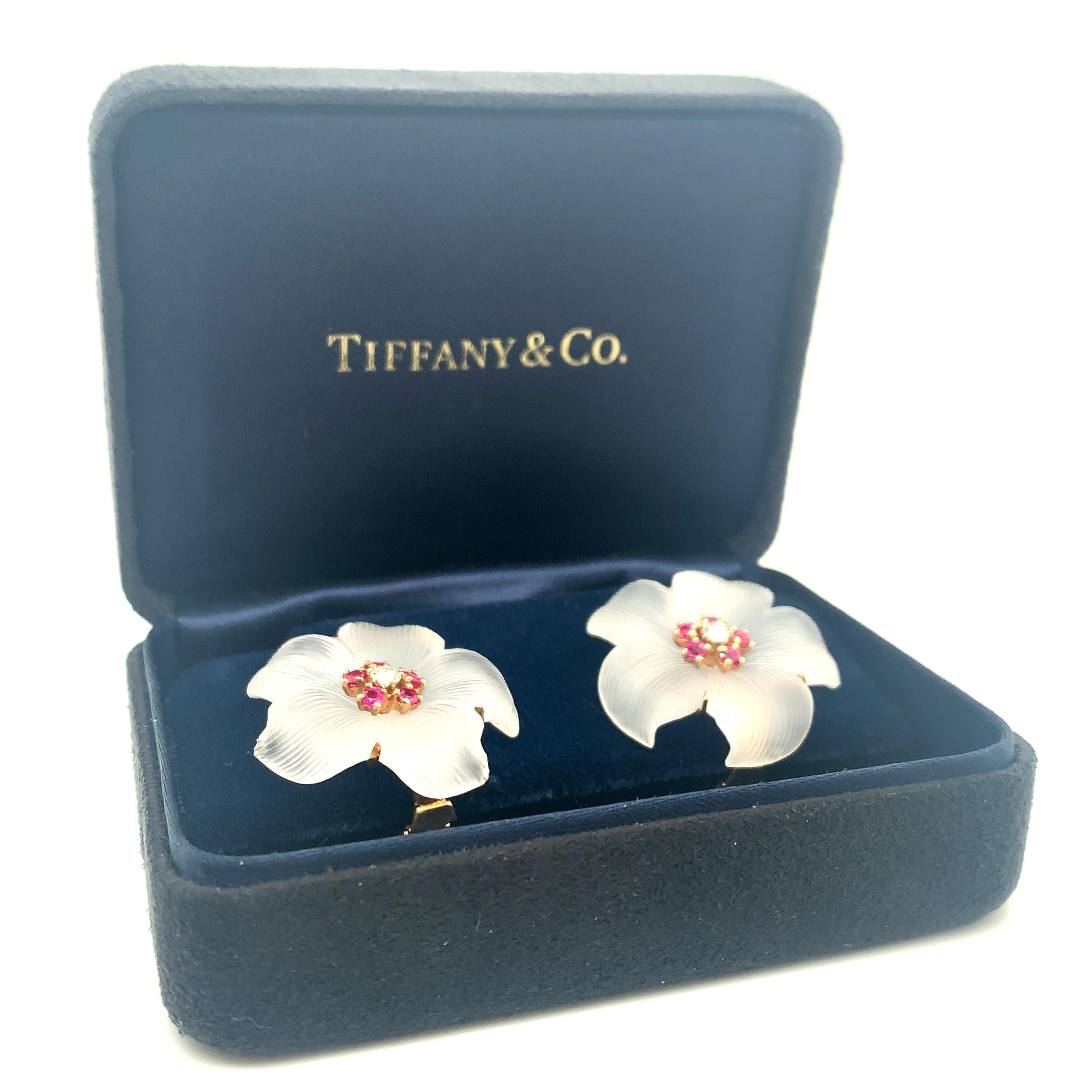Tiffany & Co. Crystal Ruby Diamond Gold Ear Clips In Excellent Condition For Sale In New York, NY
