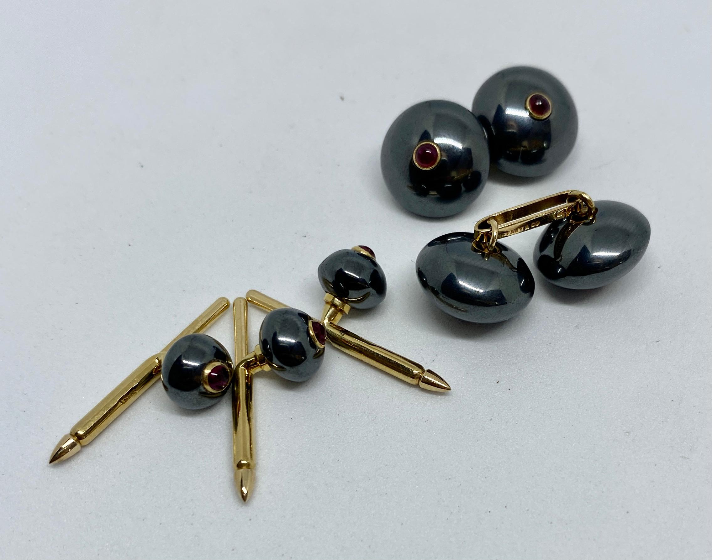 Contemporary Tiffany & Co. Cufflinks and Studs, Hematites with Rubies Set in Yellow Gold