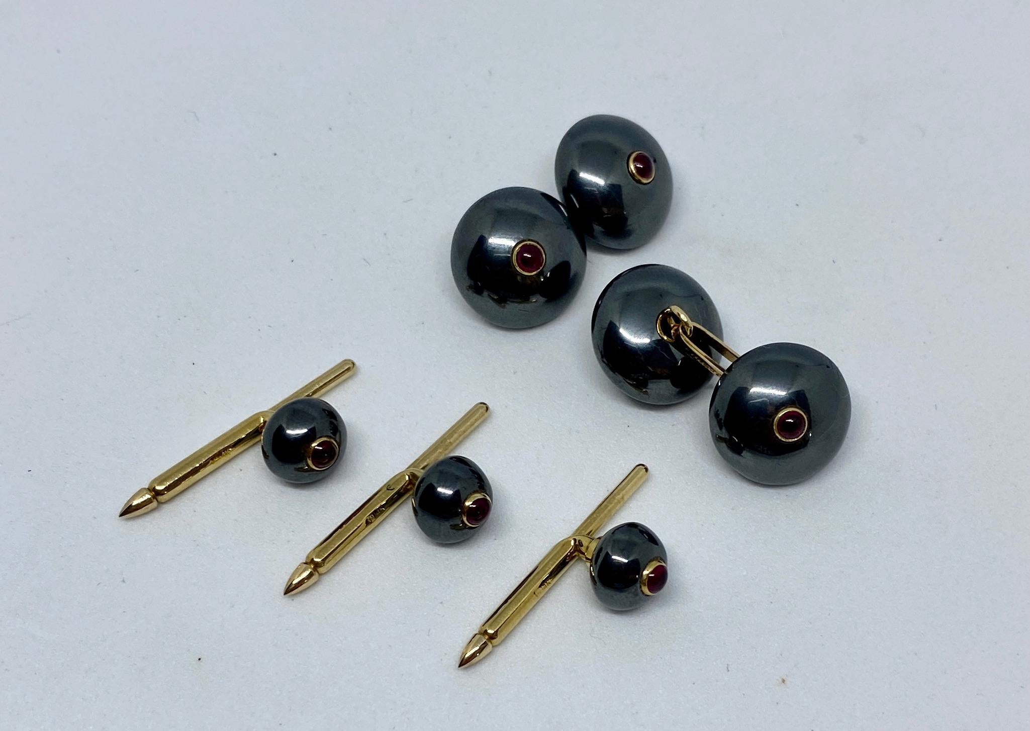 Cabochon Tiffany & Co. Cufflinks and Studs, Hematites with Rubies Set in Yellow Gold