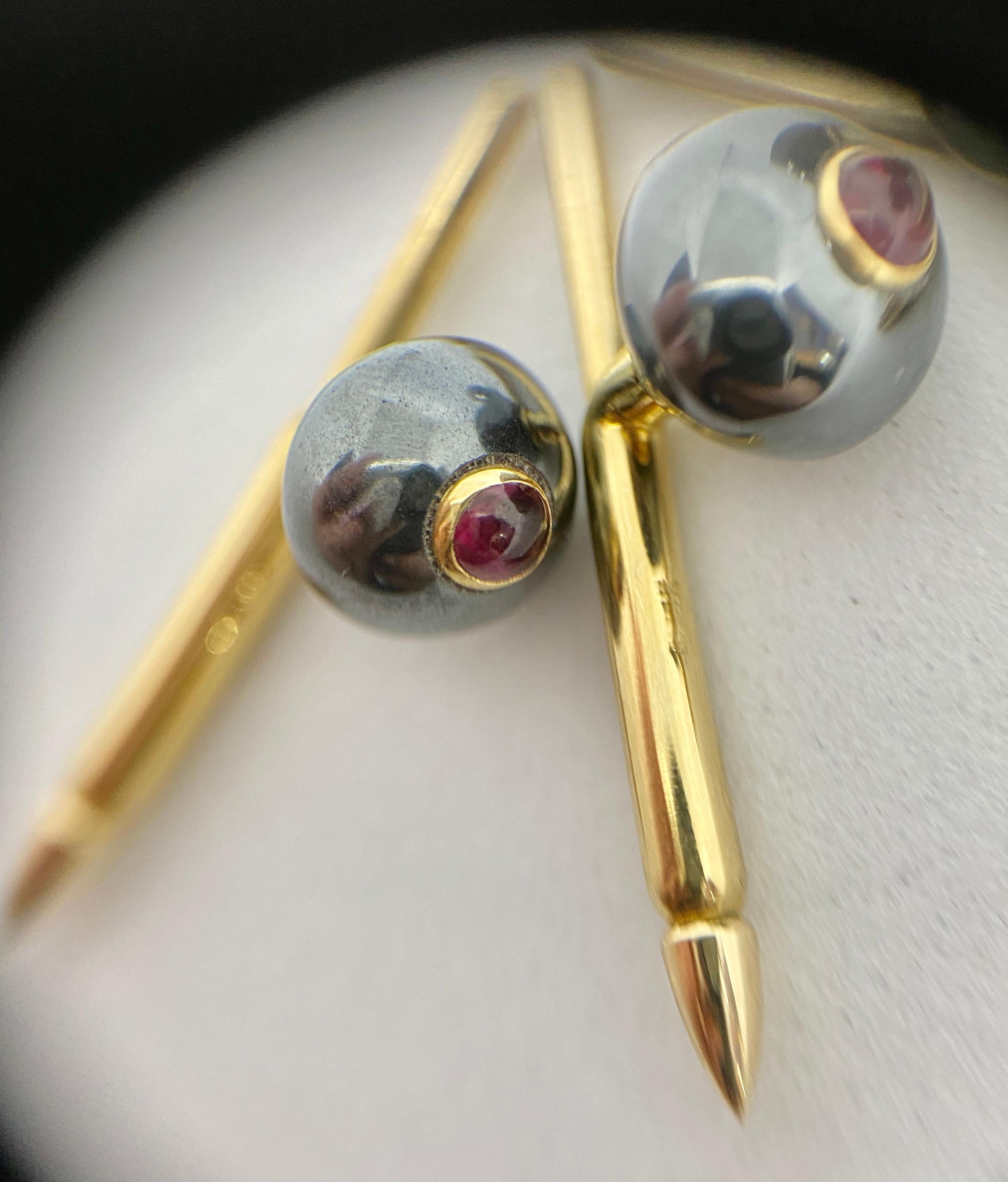 Women's or Men's Tiffany & Co. Cufflinks and Studs, Hematites with Rubies Set in Yellow Gold