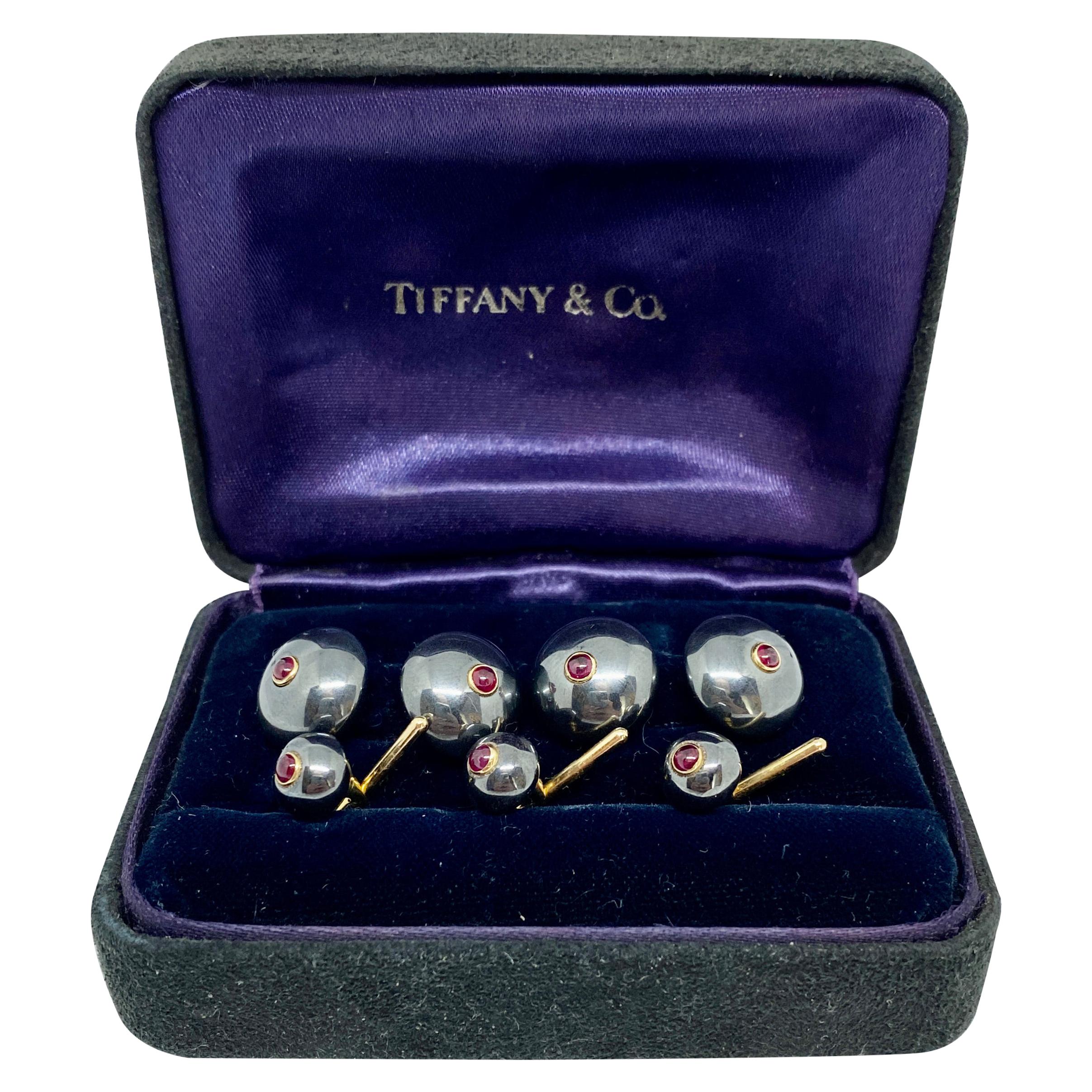 Tiffany & Co. Cufflinks and Studs, Hematites with Rubies Set in Yellow Gold