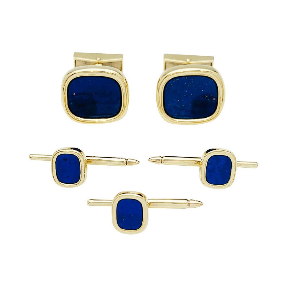 Tiffany & Co. Square Oval Shirt Cuffs 18k Yellow Gold Lapis Lazuli Blue, 1970s For Sale