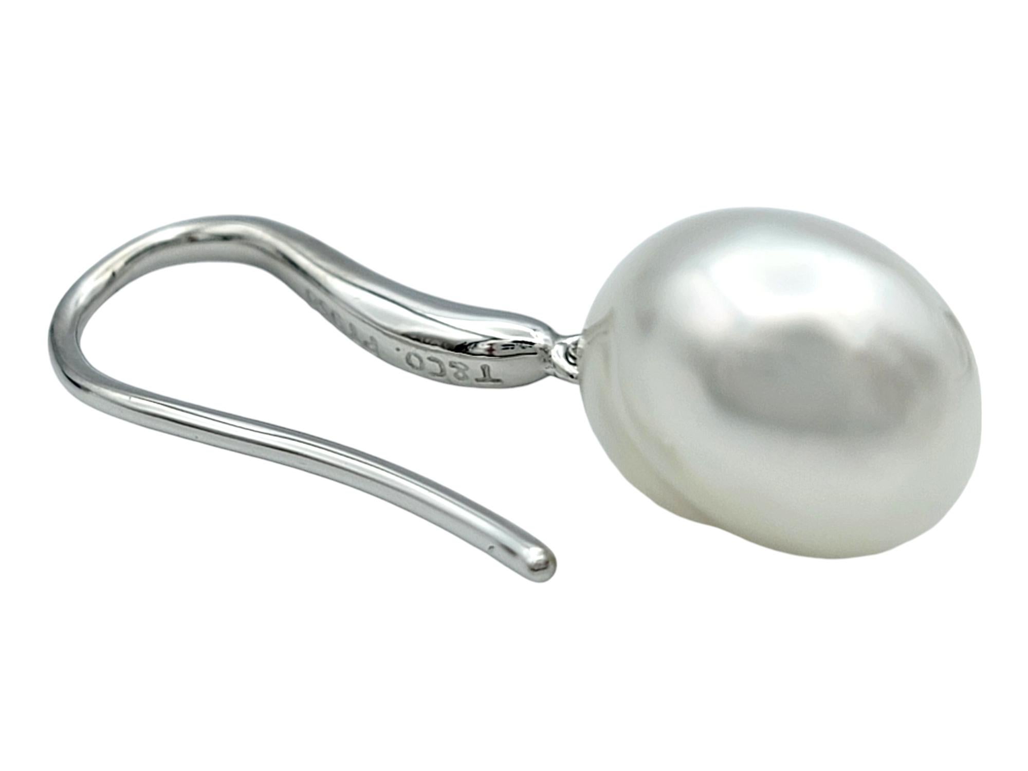 Round Cut Tiffany & Co. Cultured Freshwater Baroque Pearl Drop Earrings Set in Platinum