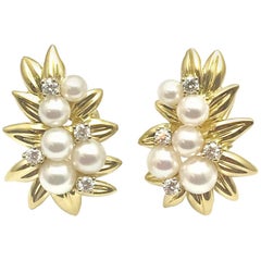 Tiffany & Co. Cultured Pearl and Diamond Gold Leaf Clip Earrings