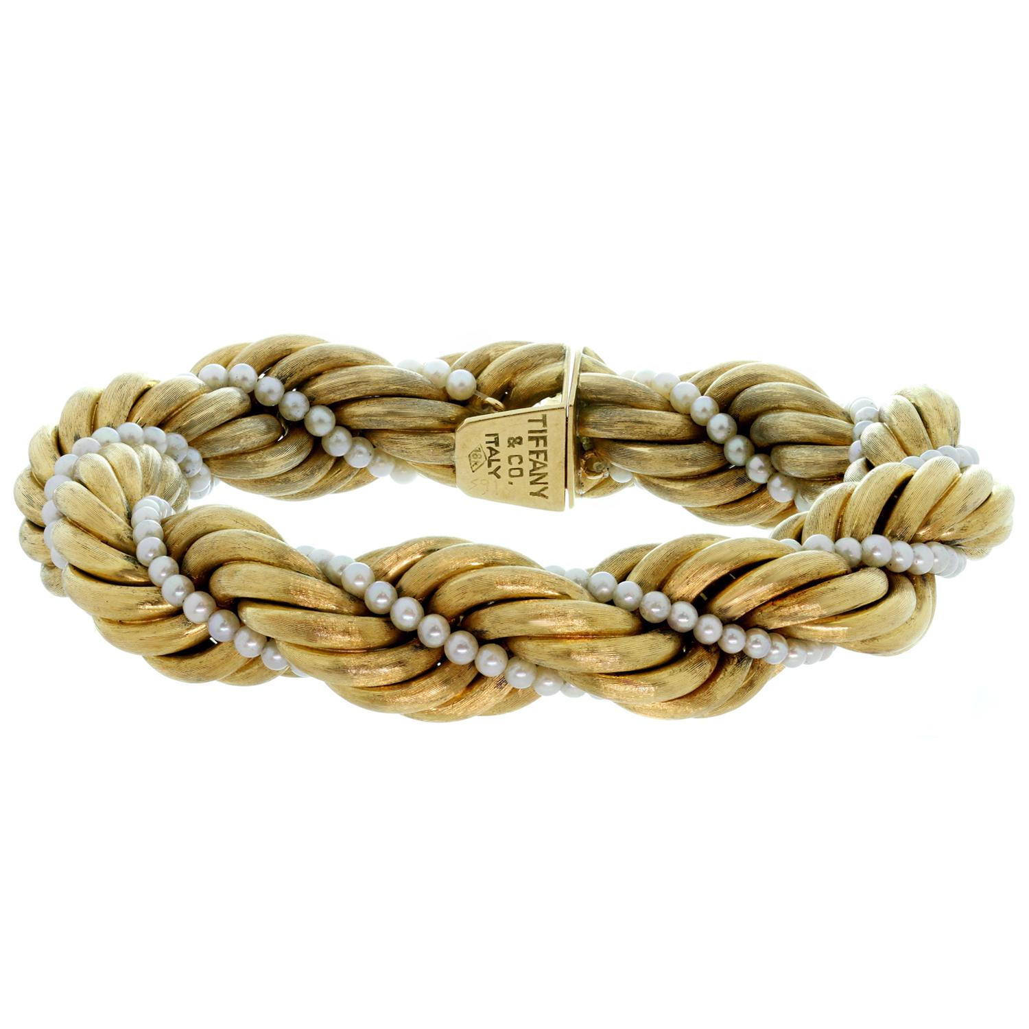 Tiffany & Co. Cultured Pearl Brushed Yellow Gold Twisted Rope Bracelet In Good Condition In New York, NY