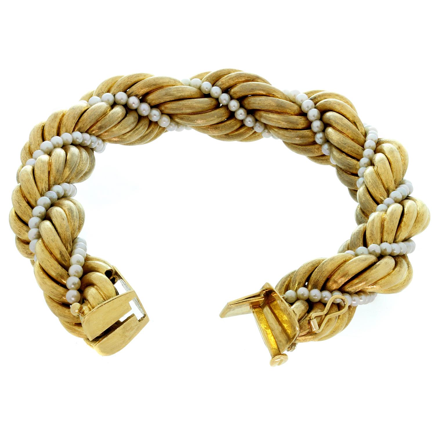 Women's Tiffany & Co. Cultured Pearl Brushed Yellow Gold Twisted Rope Bracelet