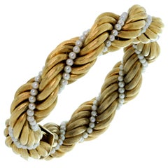 Tiffany & Co. Cultured Pearl Brushed Yellow Gold Twisted Rope Bracelet