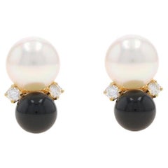 Tiffany 
Co. Cultured Pearl Onyx Diamond Stud Earrings -Yellow Gold 14k Pierced