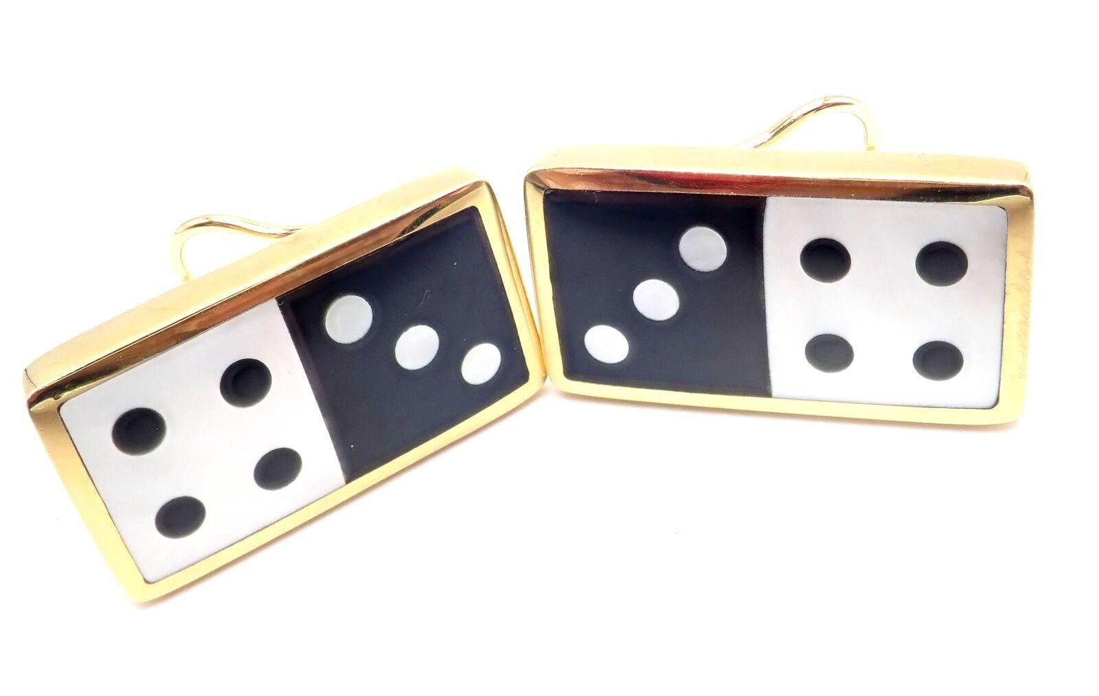 18k Yellow Gold Inlaid Black Jade and Mother Of Pearl Domino Earrings by Angela Cummings for Tiffany & Co.
These earrings are made for non pierced ears, but they can be converted by adding posts.
With Inlaid Black Jade and Mother Of Pearl