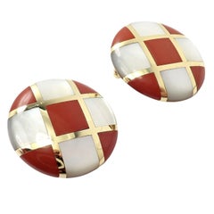 Tiffany & Co Cummings Mother of Pearl Carnelian Checkerboard Gold Large Earrings
