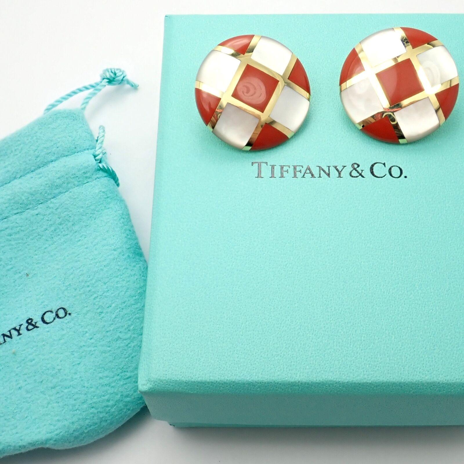 Uncut Tiffany & Co Cummings Mother of Pearl Carnelian Checkerboard Gold Large Earrings For Sale