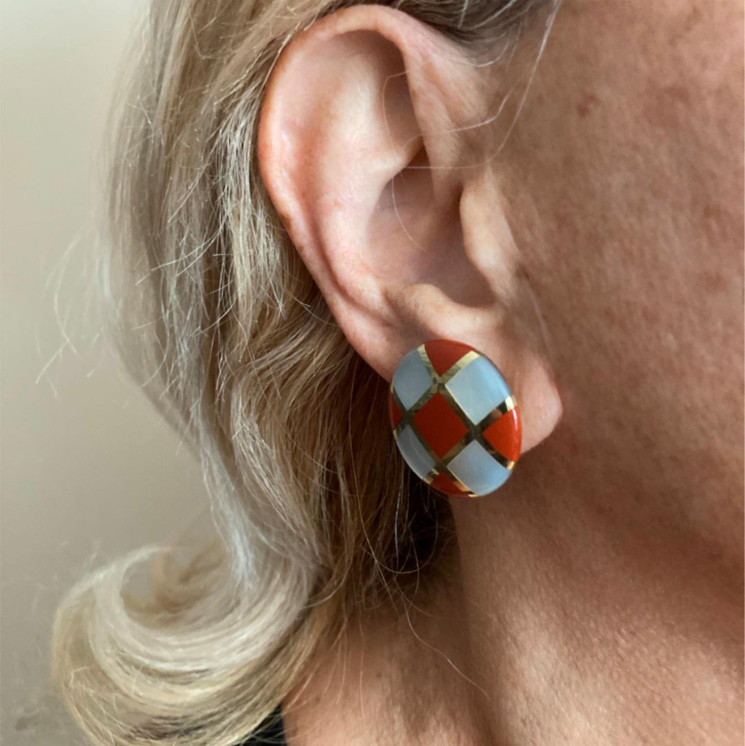 Tiffany & Co Cummings Mother of Pearl Carnelian Checkerboard Gold Large Earrings In Excellent Condition For Sale In Holland, PA