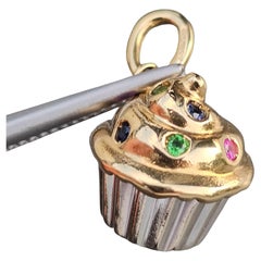 Tiffany & Co. Cupcake Charm 18k Yellow White Gold Gemstone Sprinkles 5.2g Rare