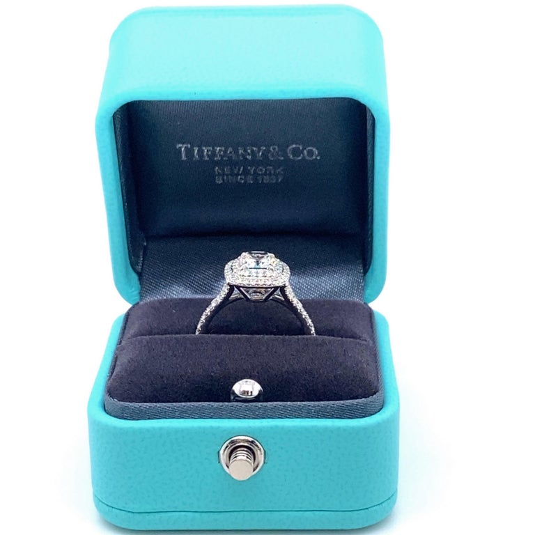 Cushion Cut Tiffany & Co Cushion Diamond Double Halo Soleste 1.63 Tcw Engagement Ring Plat For Sale