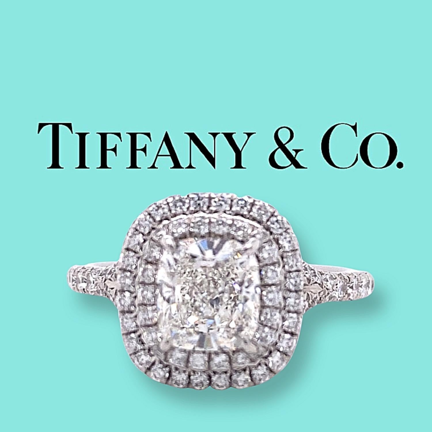 Tiffany & Co Cushion Diamond Double Halo Soleste 1.63 Tcw Engagement Ring Plat In Excellent Condition In San Diego, CA