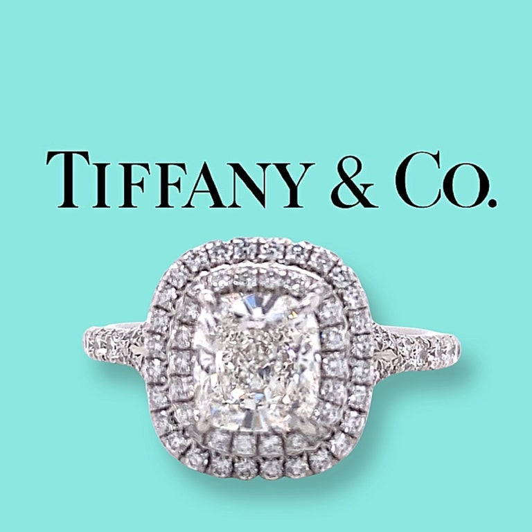 Women's Tiffany & Co Cushion Diamond Double Halo Soleste 1.63 Tcw Engagement Ring Plat For Sale