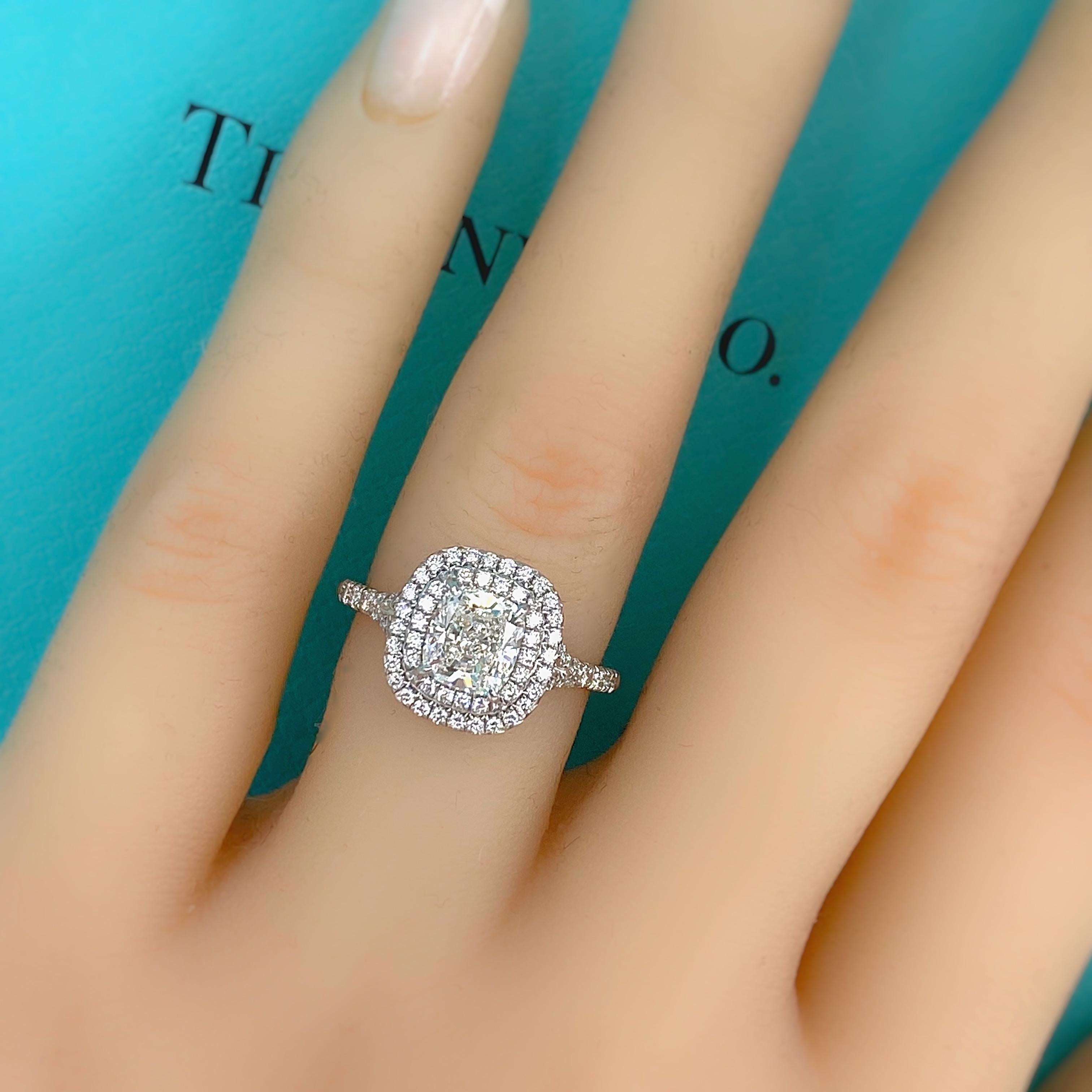 Tiffany & Co Cushion Diamond Double Halo Soleste 1.63 Tcw Engagement Ring Plat 1