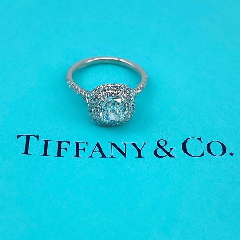 Tiffany & Co Cushion Diamond Double Halo Soleste 1.63 Tcw Engagement Ring Plat For Sale 4