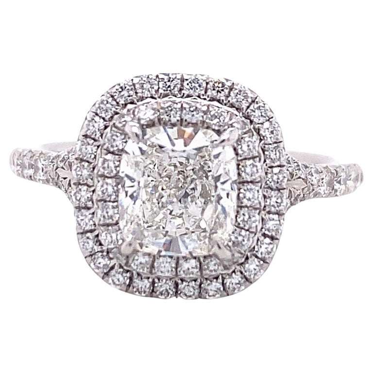 Tiffany & Co Cushion Diamond Double Halo Soleste 1.63 Tcw Engagement Ring Plat For Sale