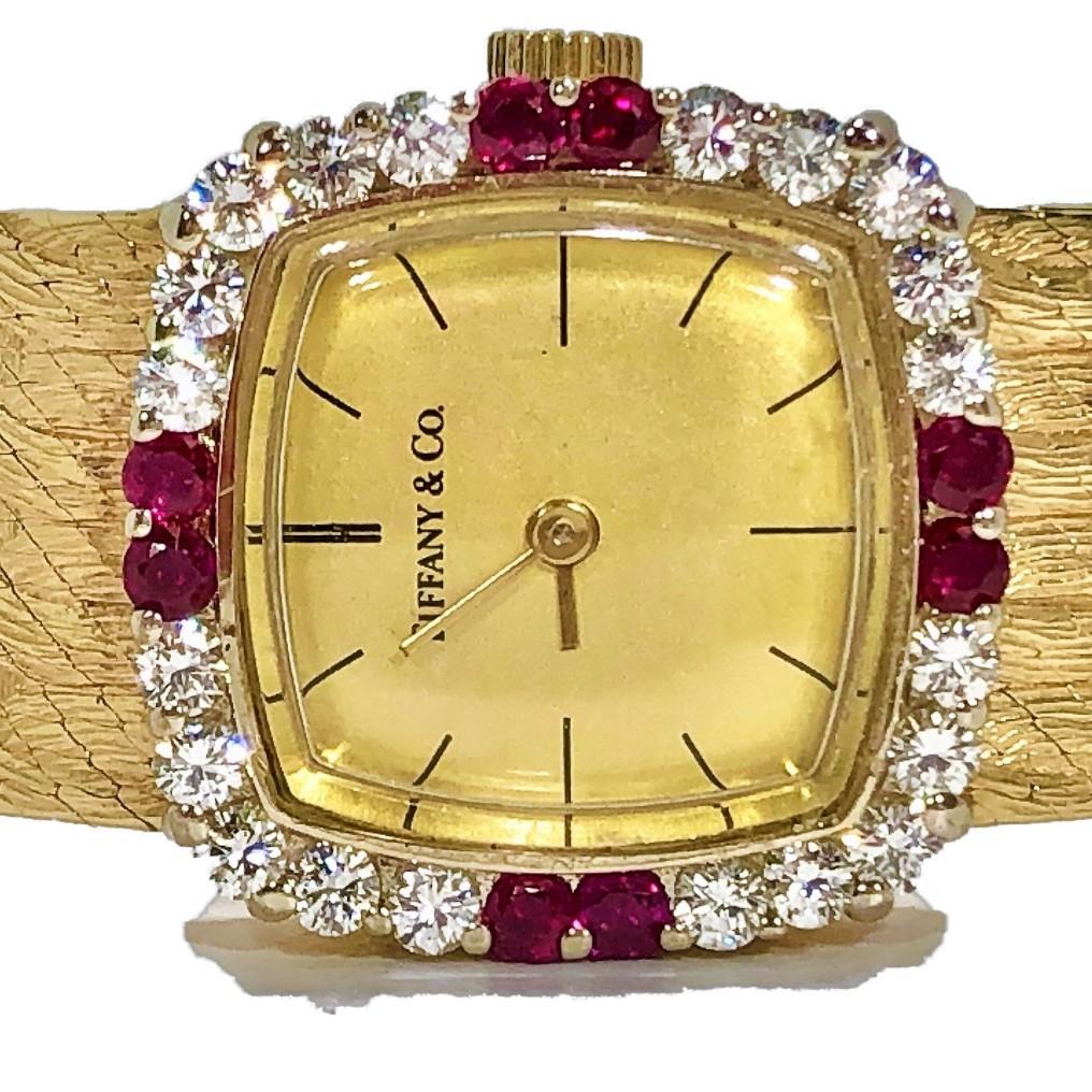 Brilliant Cut Tiffany & Co. Cushion Shaped Diamond and Ruby Bezel Watch in Yellow Gold For Sale