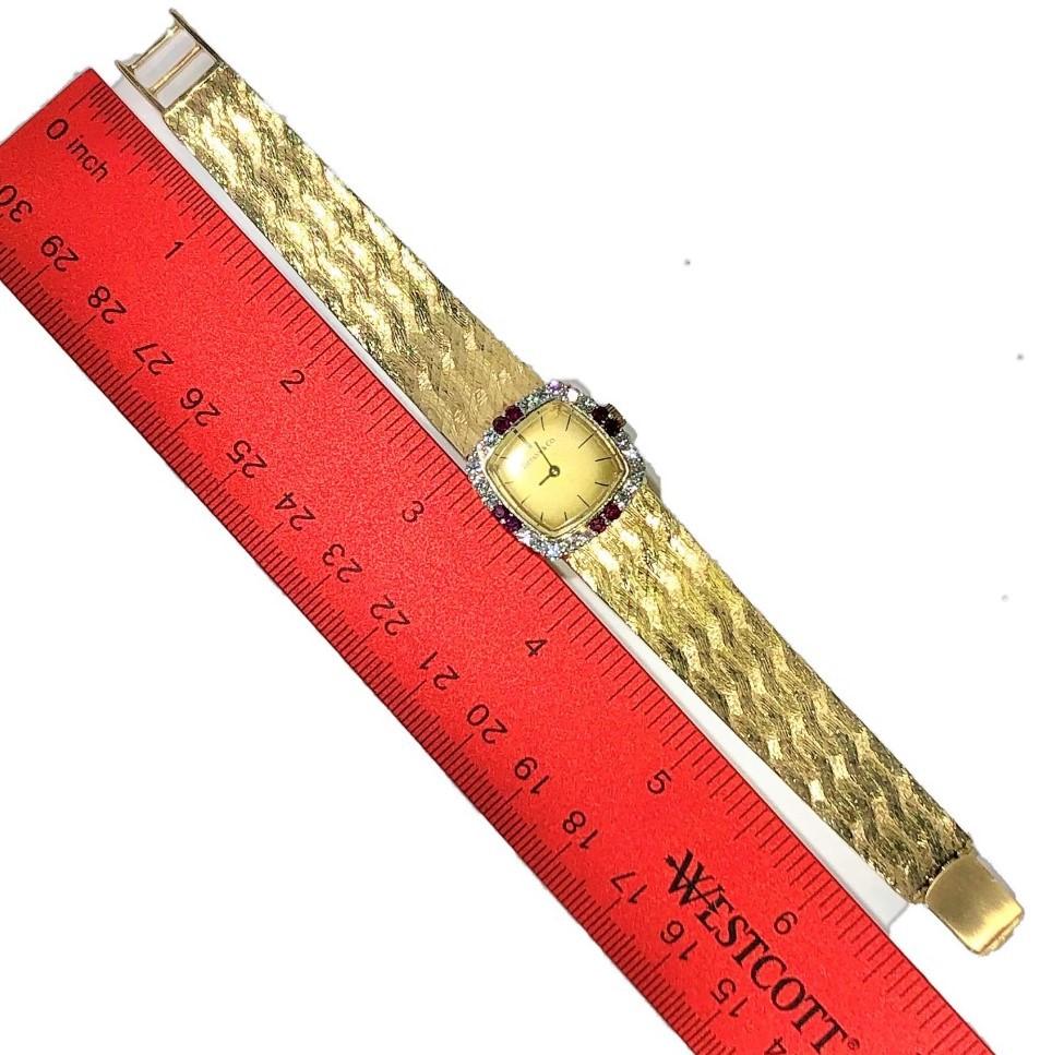 Tiffany & Co. Cushion Shaped Diamond and Ruby Bezel Watch in Yellow Gold For Sale 1