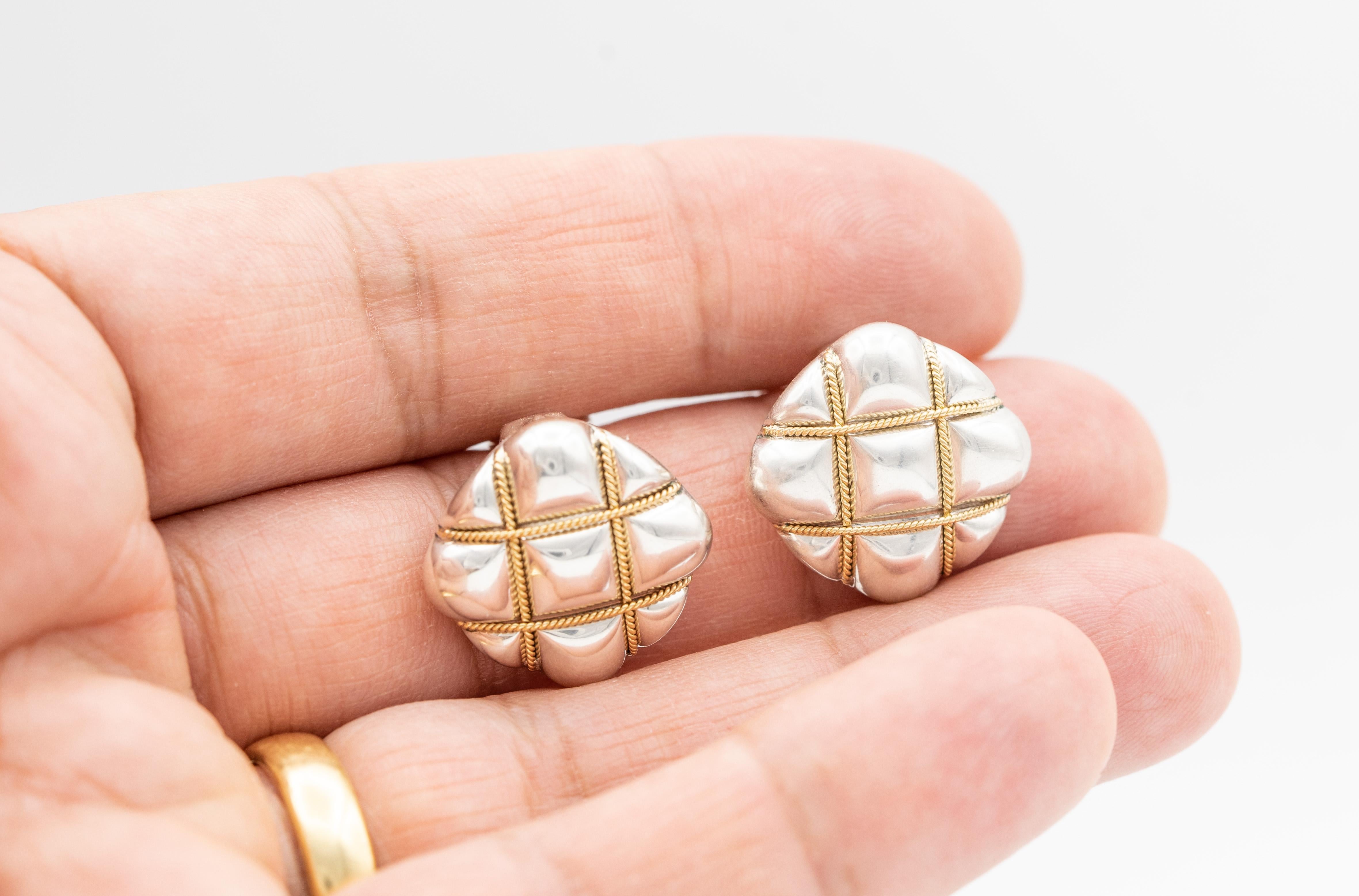 Tiffany & Co. Quilted Sterling Silver and 18 Karat Gold Earrings In Excellent Condition In New York, NY