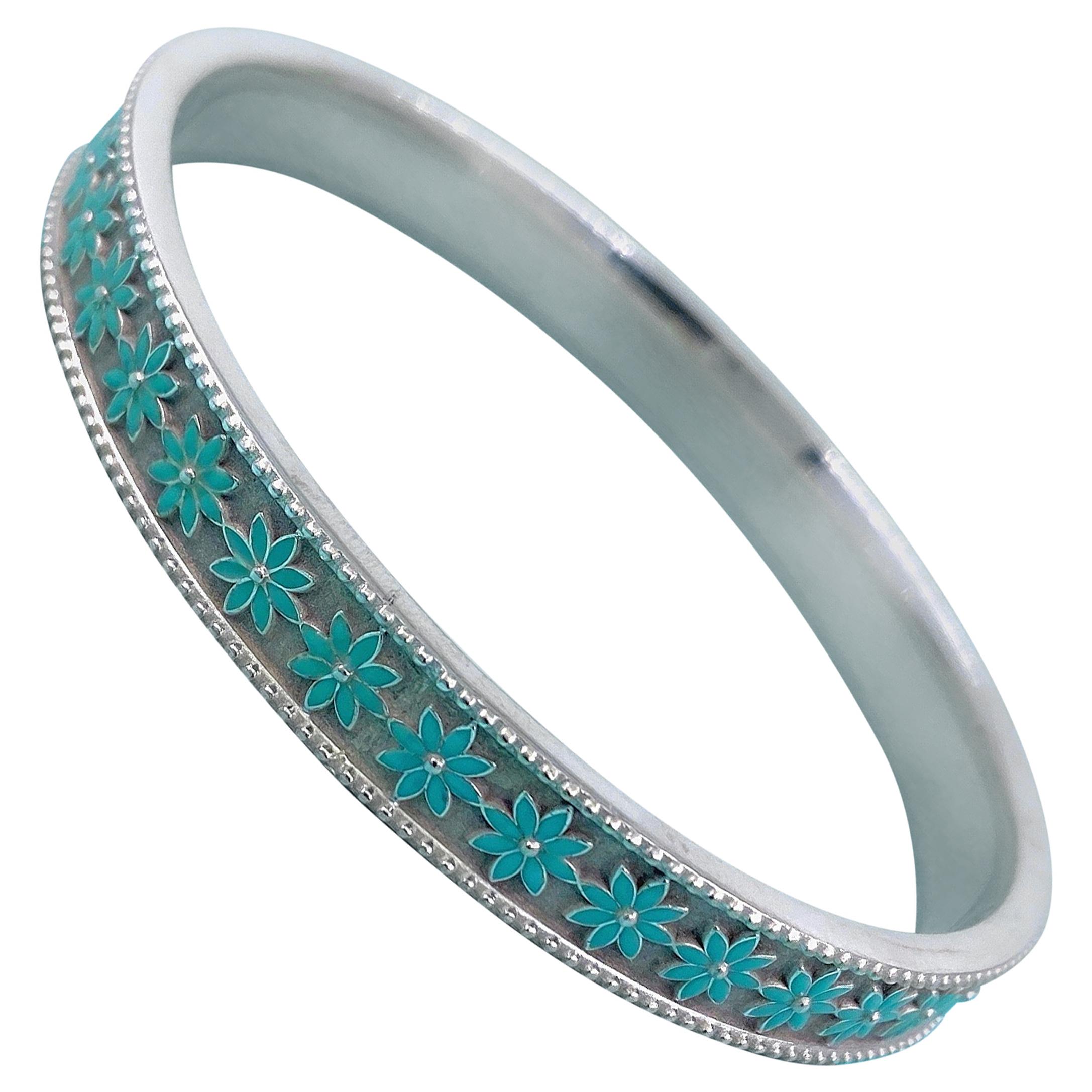 Tiffany & Co. Daisy Flower Blue Enamel Bangle Bracelet in Sterling Silver
