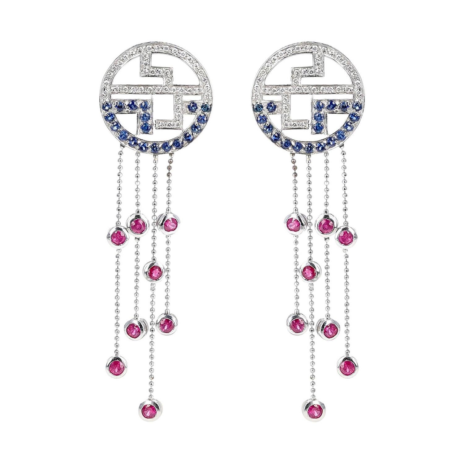 Tiffany & Co. Dangling Earrings with Ruby, Sapphire and Diamonds, 18 Karat Gold