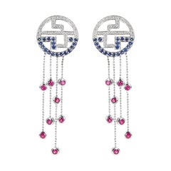 Tiffany & Co. Dangling Earrings with Ruby, Sapphire and Diamonds, 18 Karat Gold