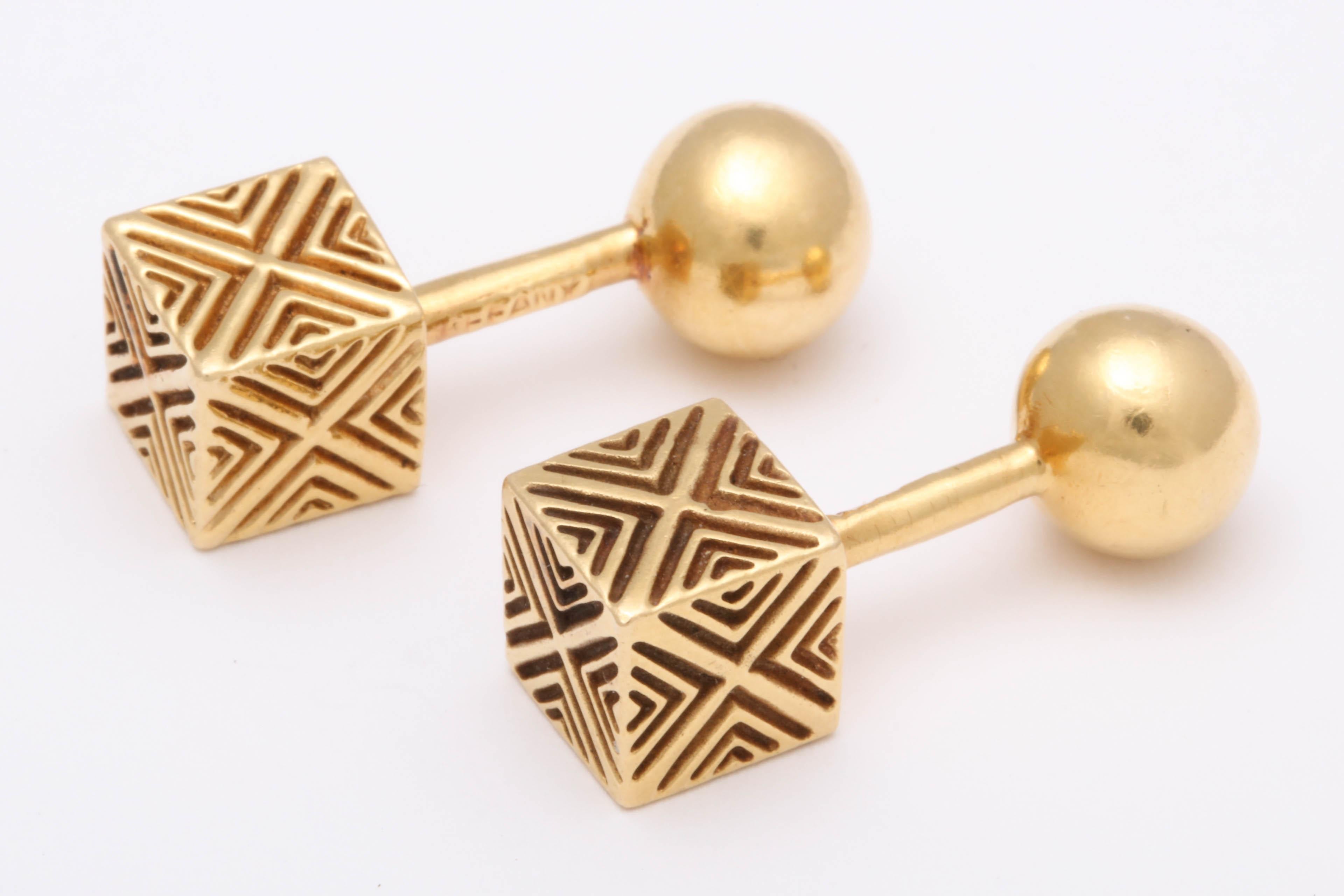 18kt Yellow gold Cube Cuff Links with Engraved Design  terminating in a Round Ball.  Very unusual .  Strong and masculine.