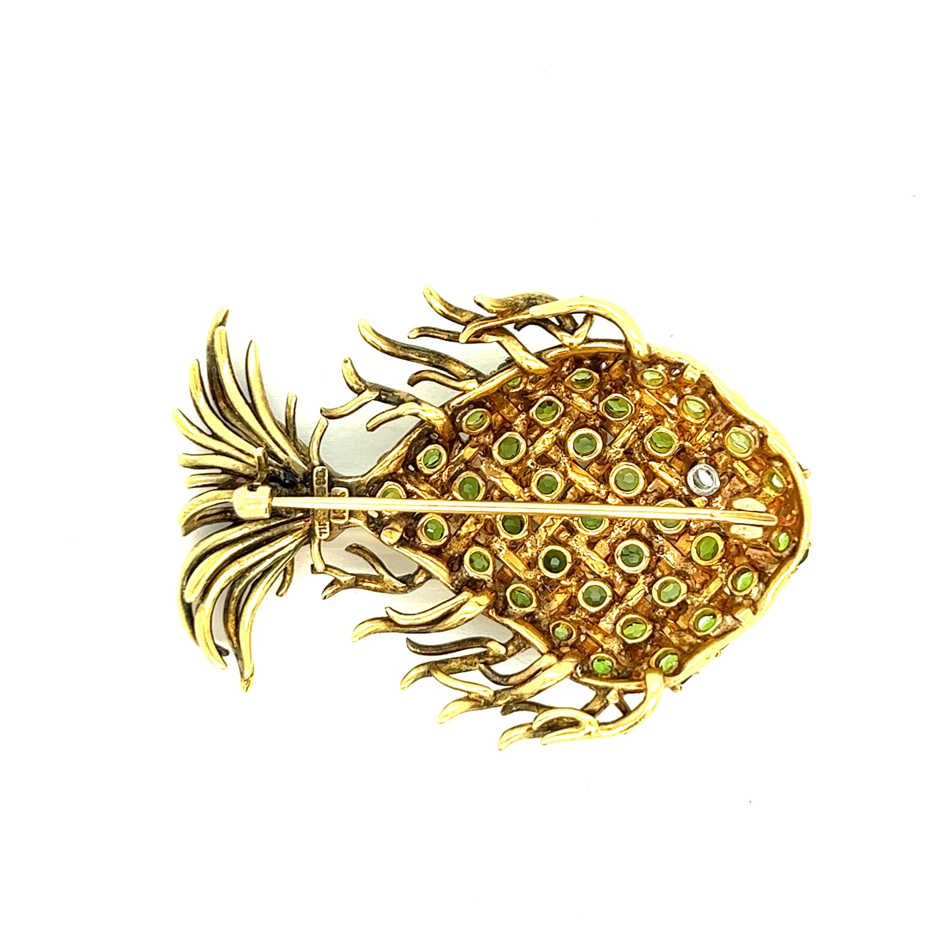 Round Cut Tiffany & Co. Demantoid Garnet & Diamond Fish Brooch For Sale