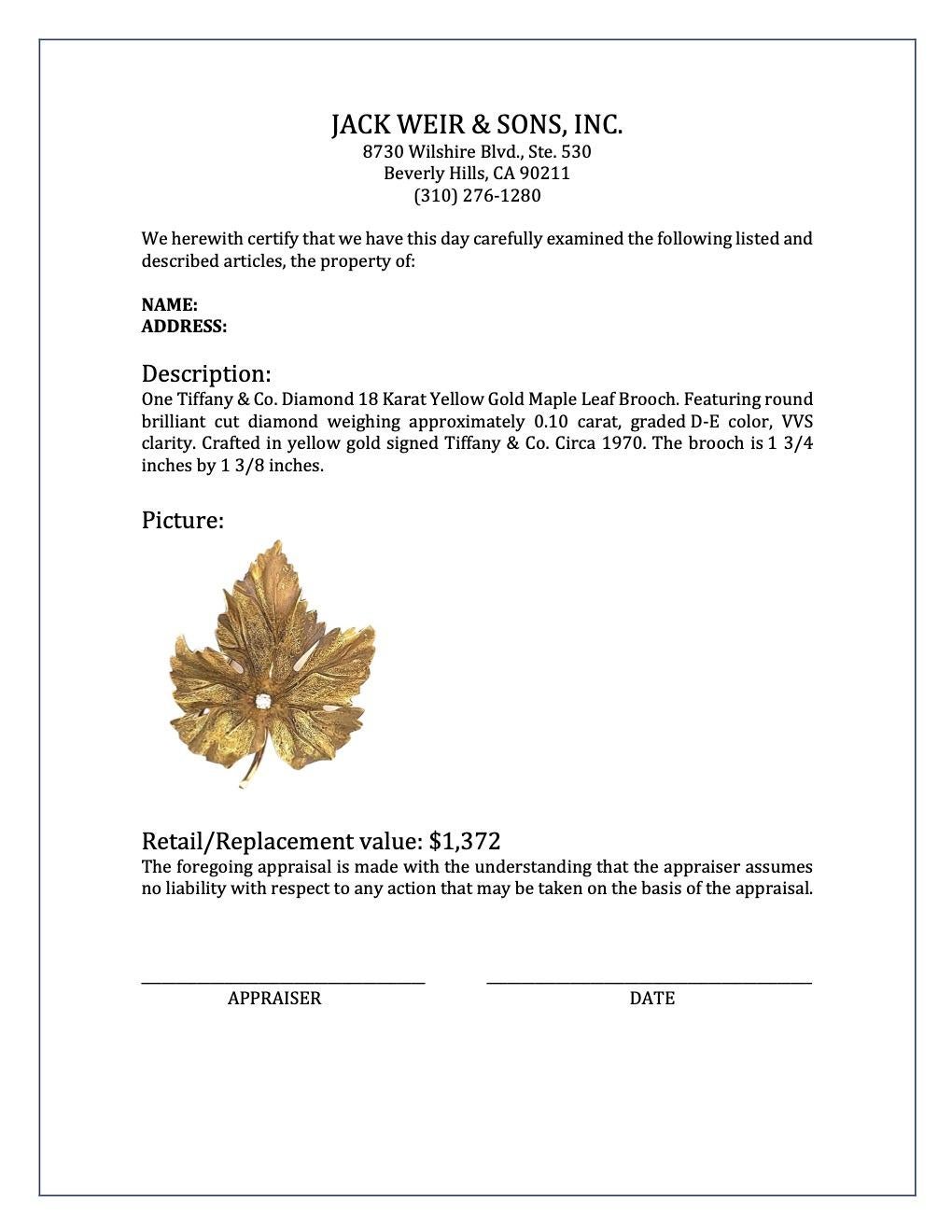 Tiffany & Co. Diamond 14 Karat Yellow Gold Maple Leaf Brooch 2