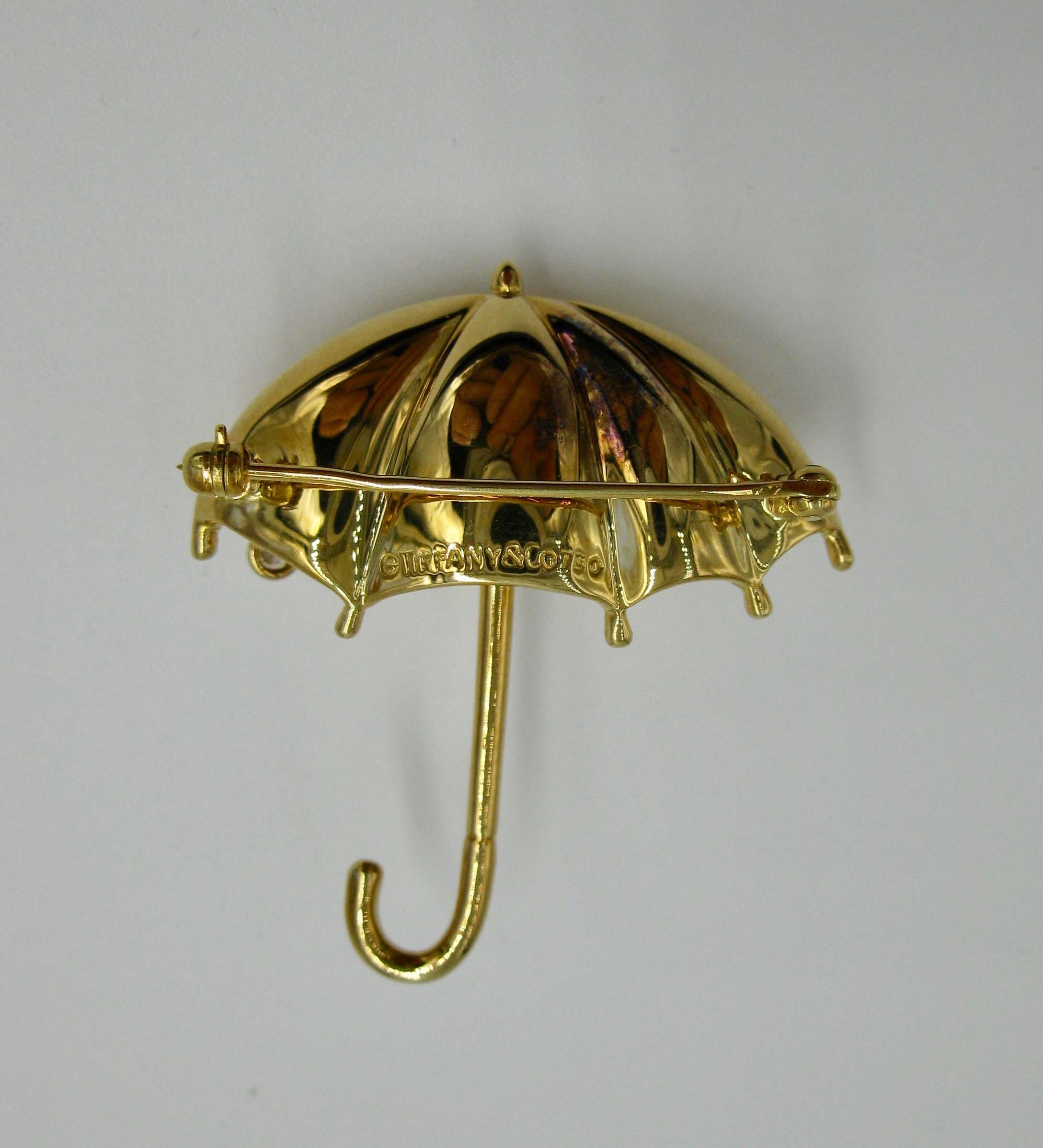 Round Cut Tiffany & Co. Diamond 18 Karat Yellow Gold Umbrella Brooch Pin Retro