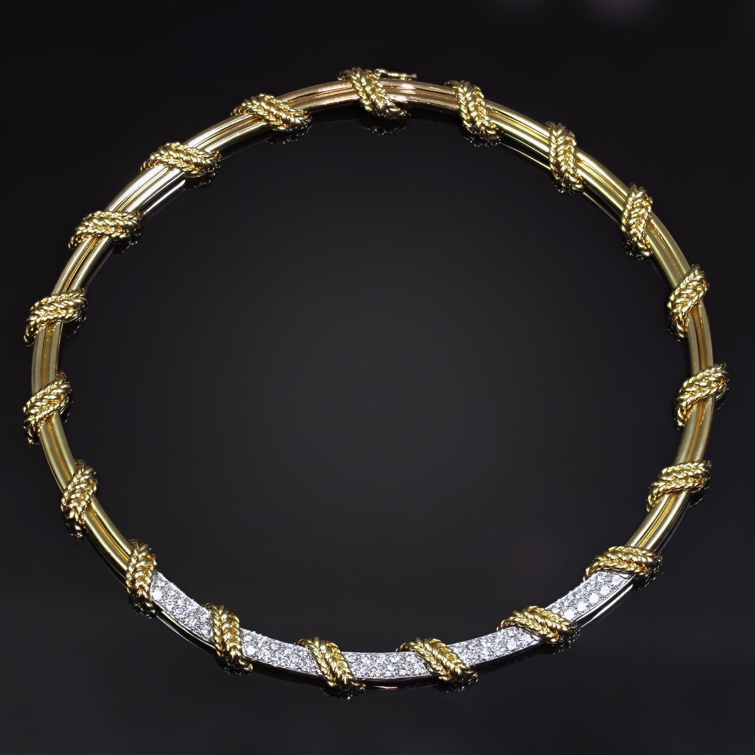 This exquisite Tiffany & Co. necklace is crafted in 18k yellow & white gold and set with round brilliant E-F VVS2-VS1 diamonds weighing an estimated 3.50 - 4.0 carats. Made in United States circa 1980s. Measurements: 0.51