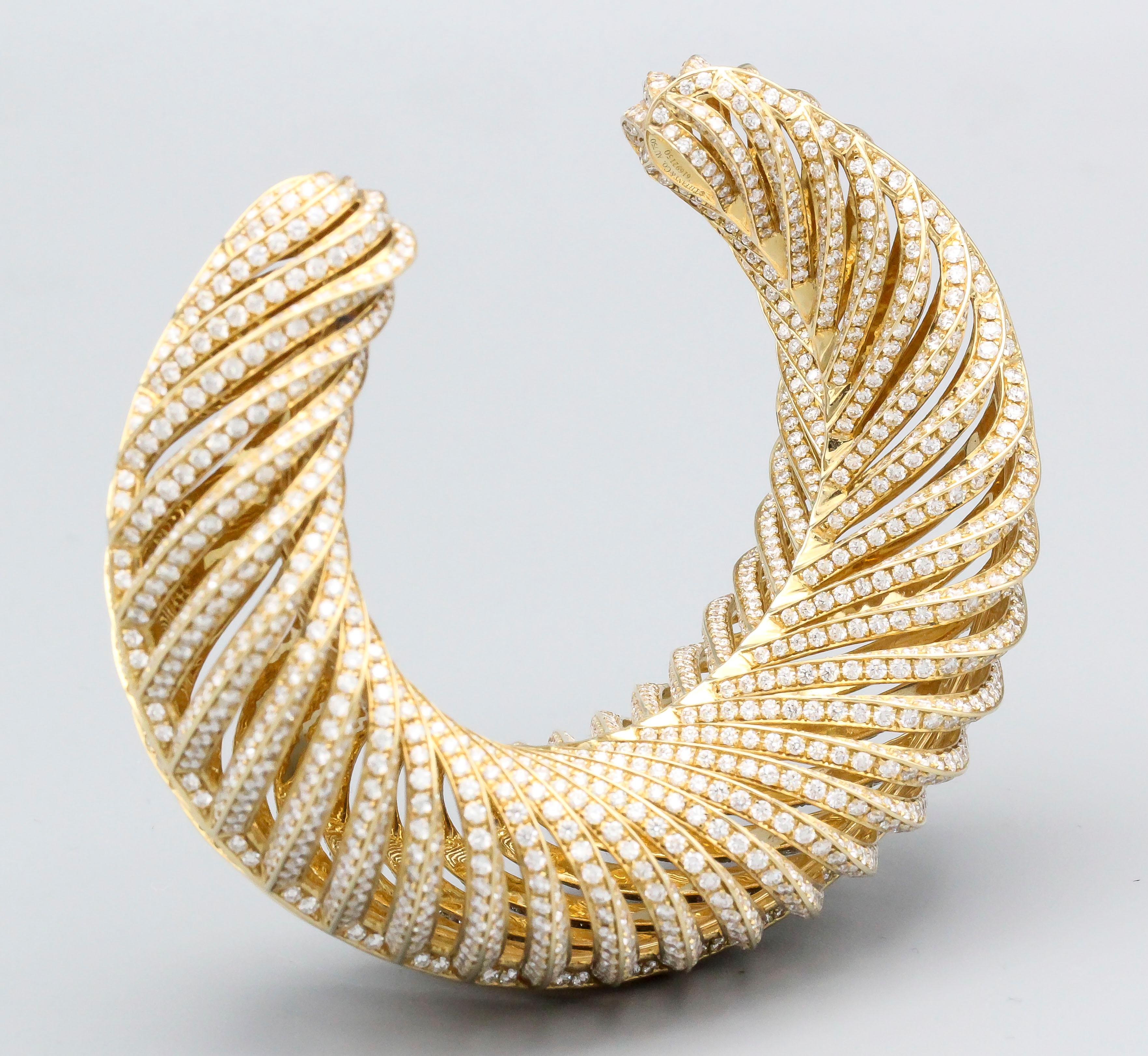 Tiffany & Co. Diamond 18k Gold Feather-Like Cuff Bracelet In Excellent Condition For Sale In New York, NY