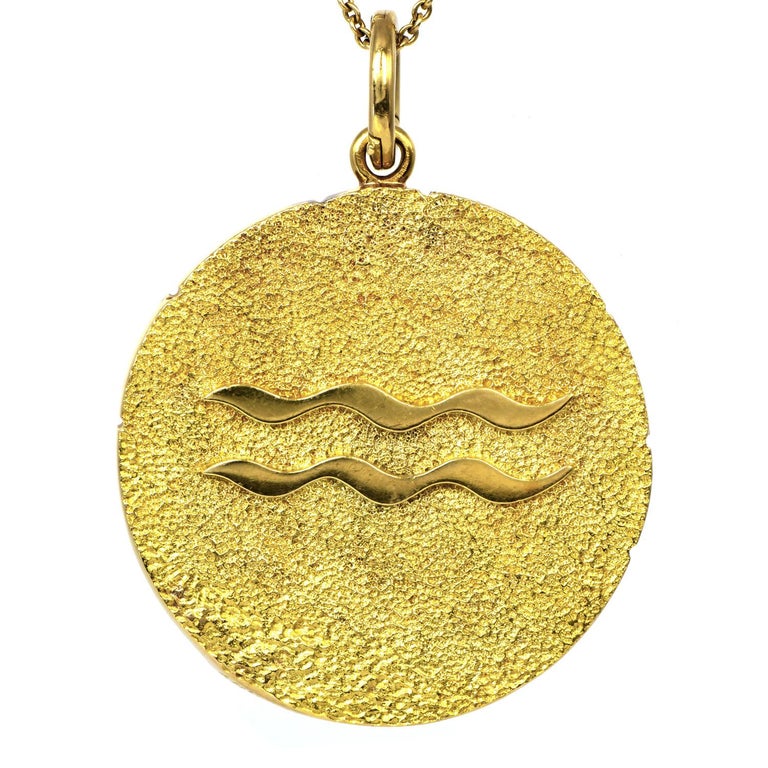 Women's or Men's Tiffany & Co. Diamond 18K Yellow Gold Aquarius Zodiac Medallion Pendant For Sale